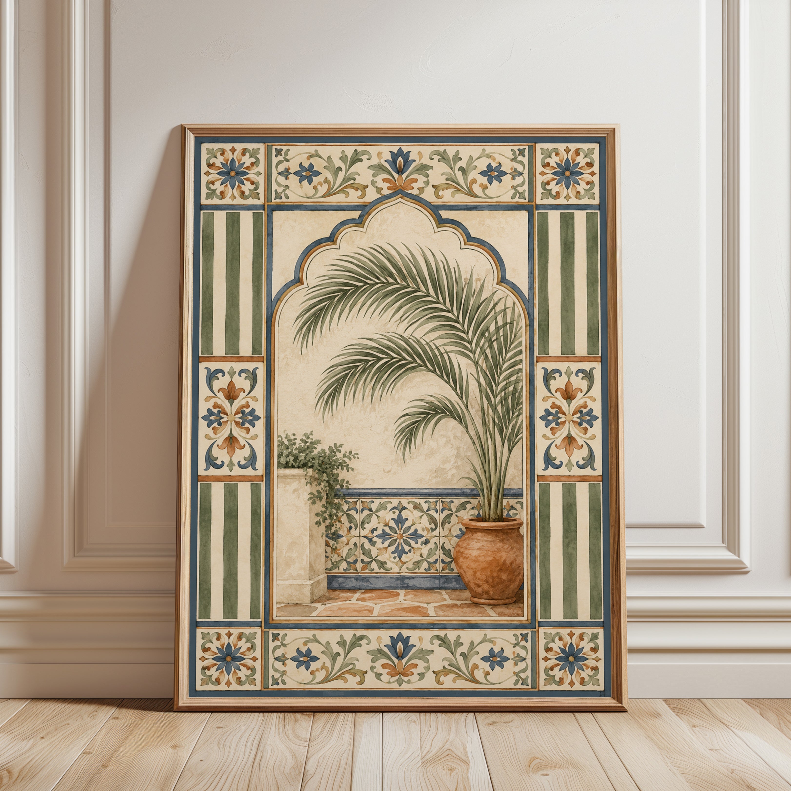Moroccan Palm Courtyard Print: Mediterranean Tile Art - framed detail