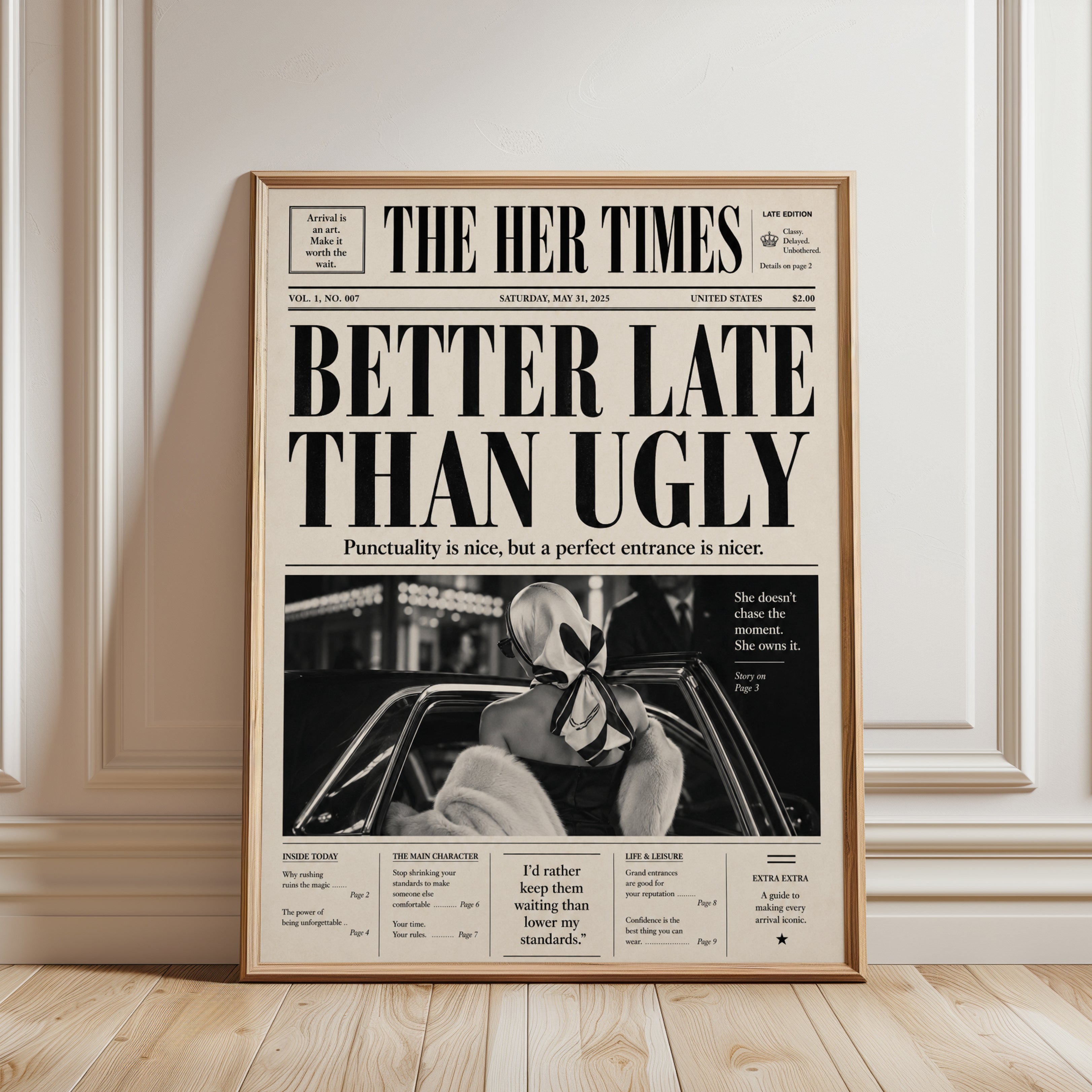 Vintage Newspaper Wall Art: 'Better Late Than Ugly' Retro - framed detail