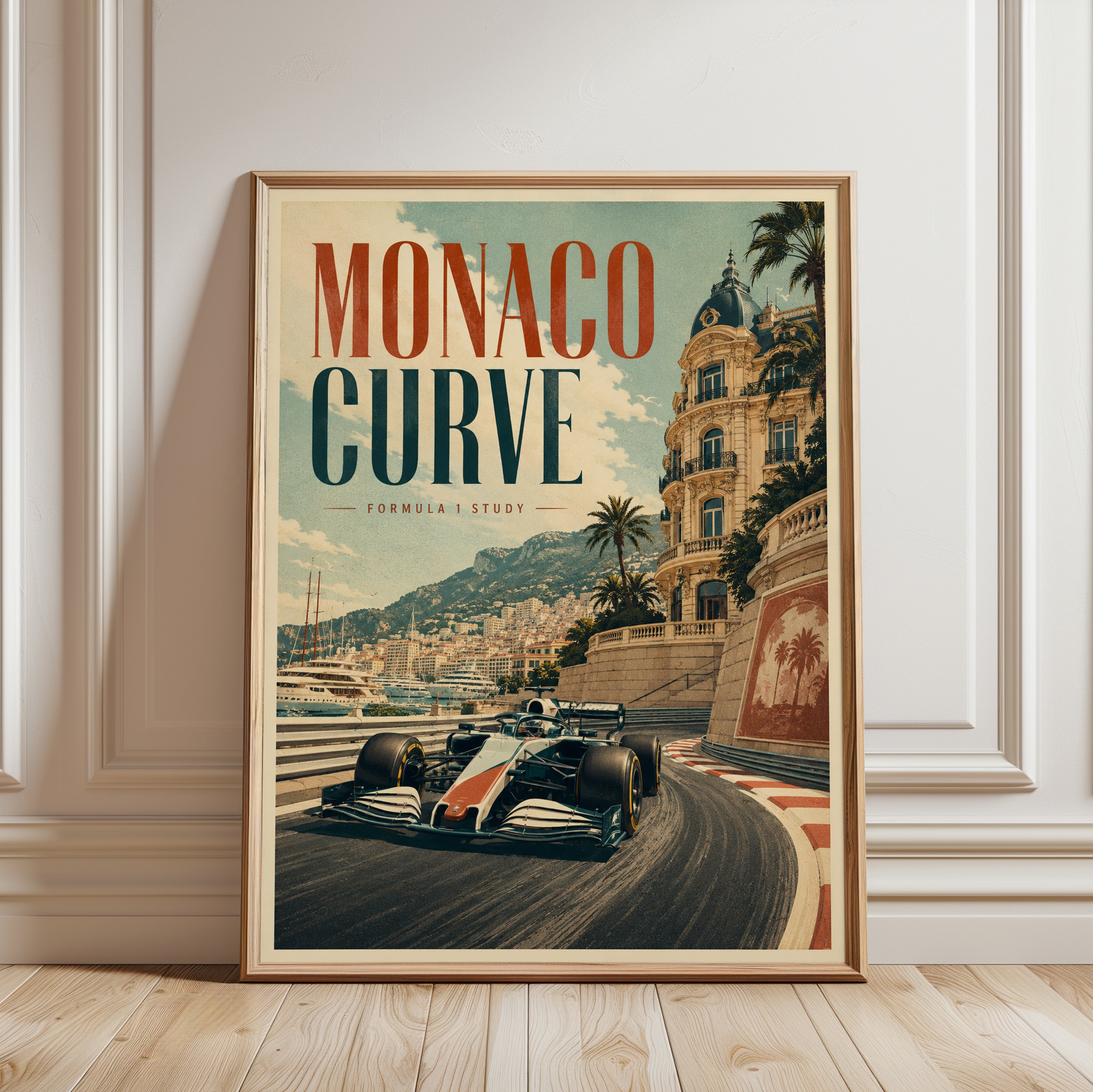 Monaco Grand Prix Print: Retro Formula 1 Racing - framed detail