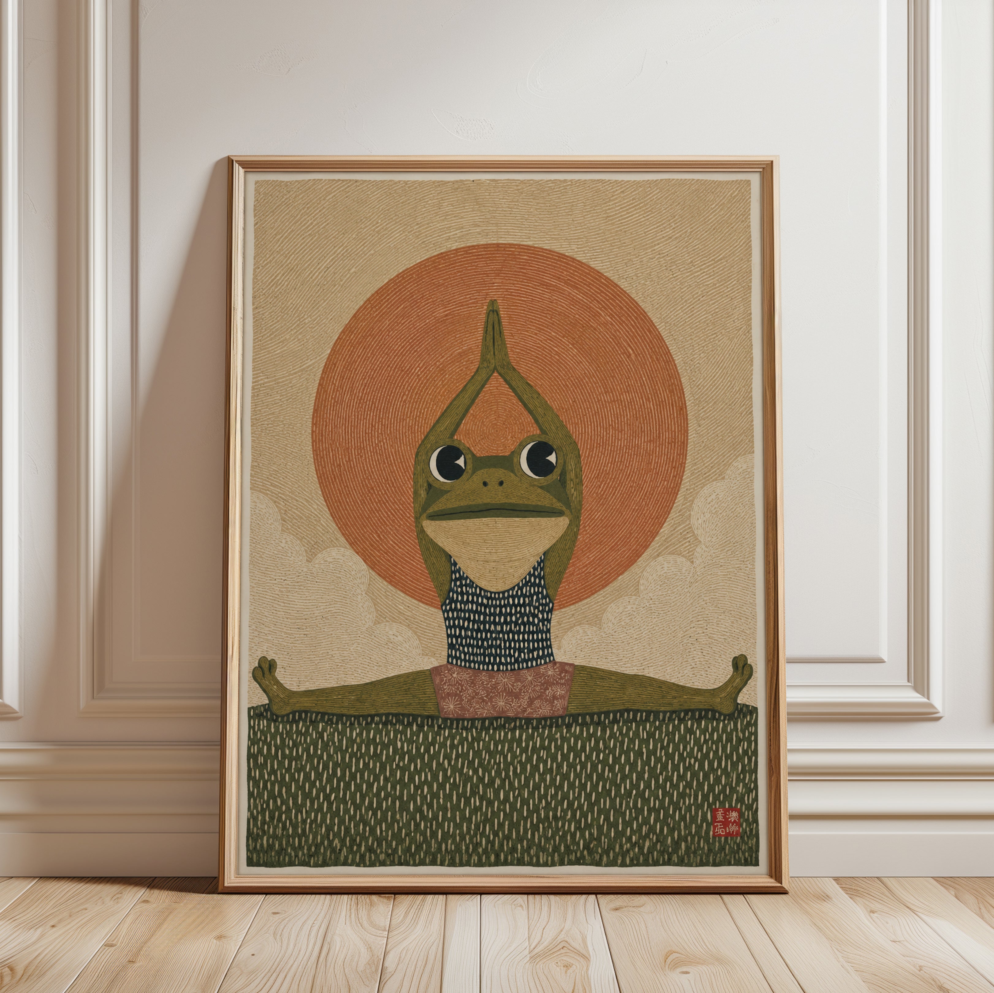 Yoga Frog Wall Art – Meditation Room Decor - framed detail