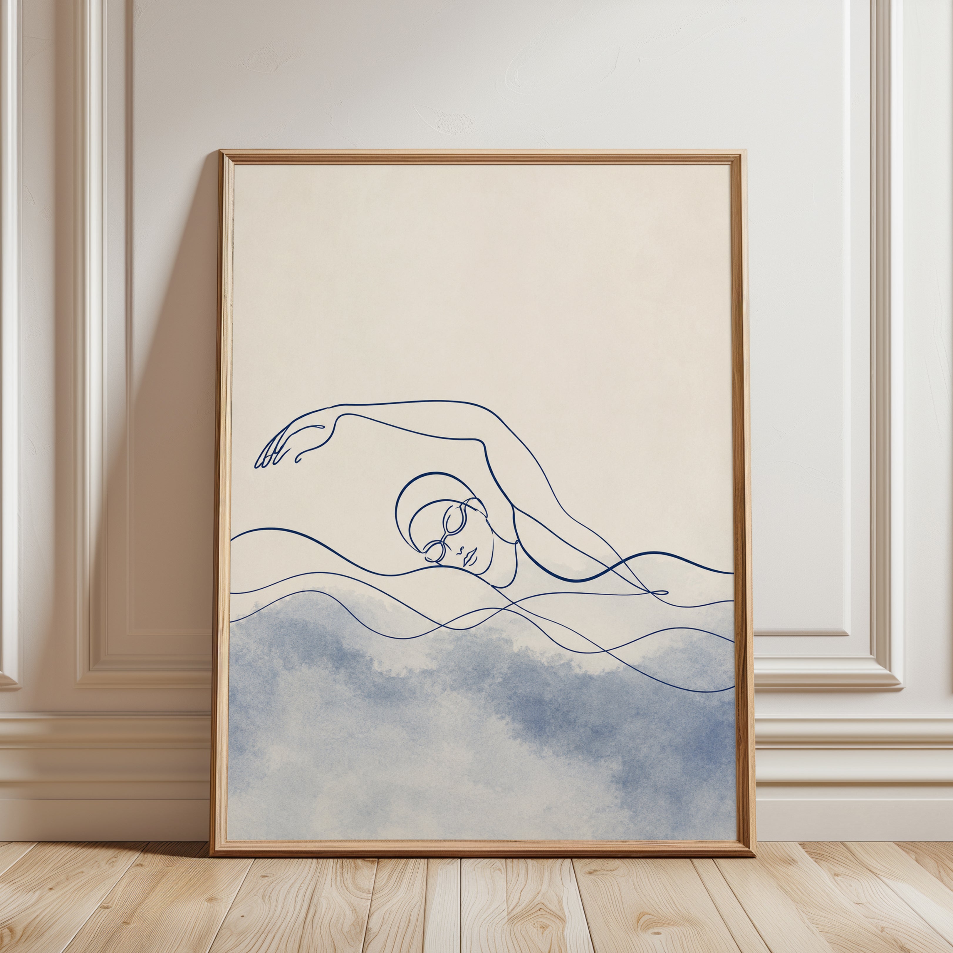 Flowing Figure Line Art Print: Minimalist Blue Watercolor Abstract - framed detail