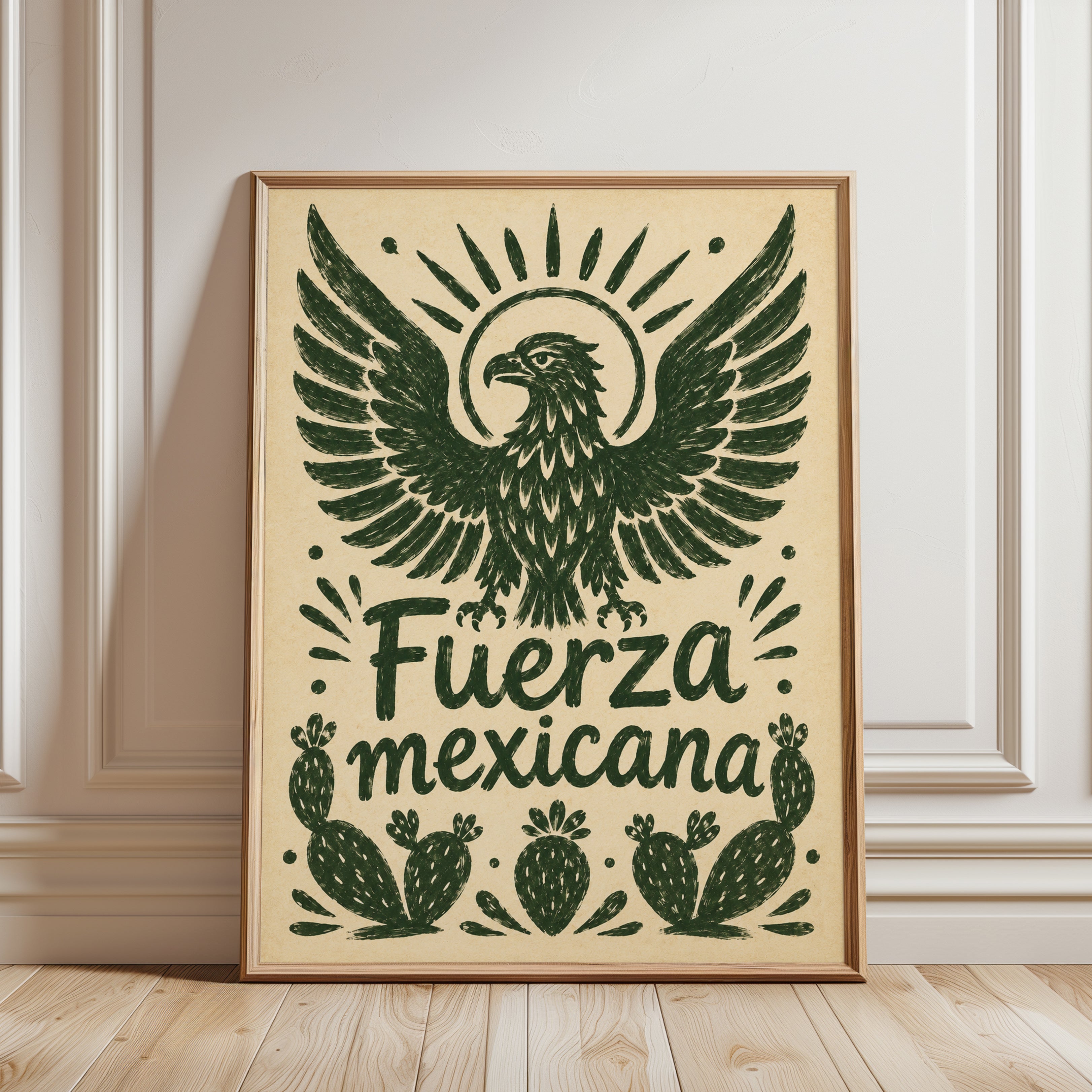 Mexican Eagle Poster: Vintage Folk Art Print with Cacti - framed detail