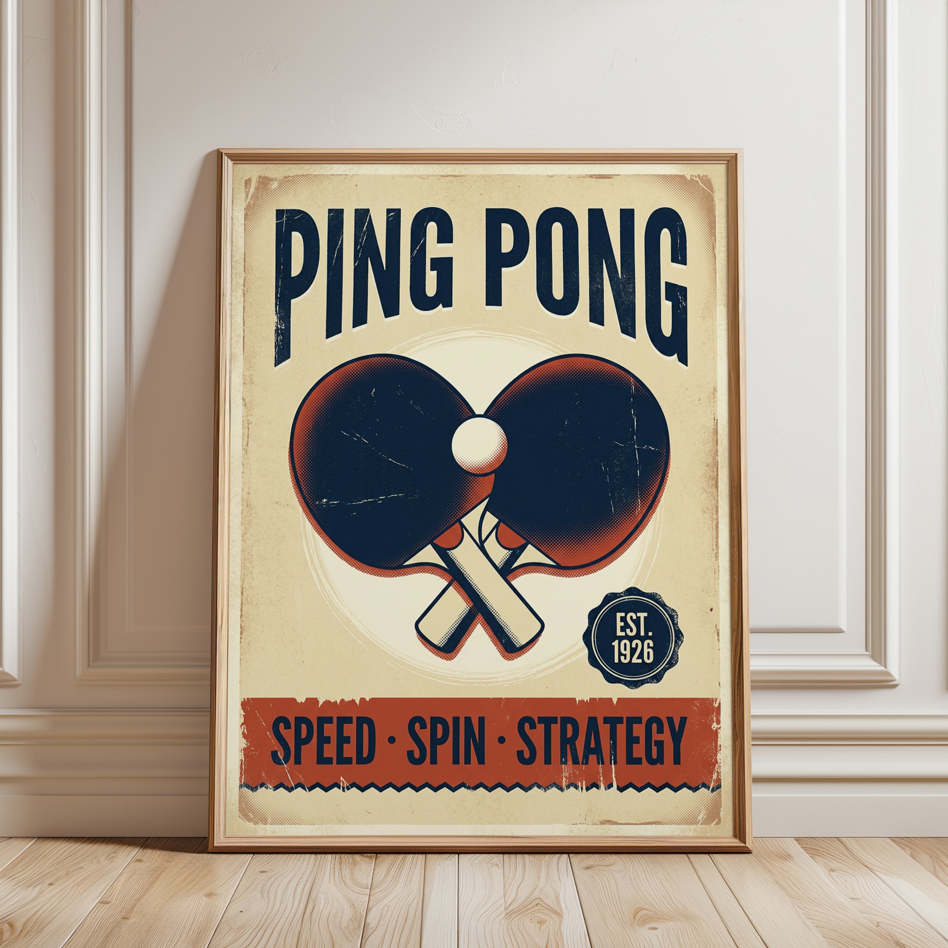 Vintage Ping Pong Poster: Retro Table Tennis Wall Art - framed detail