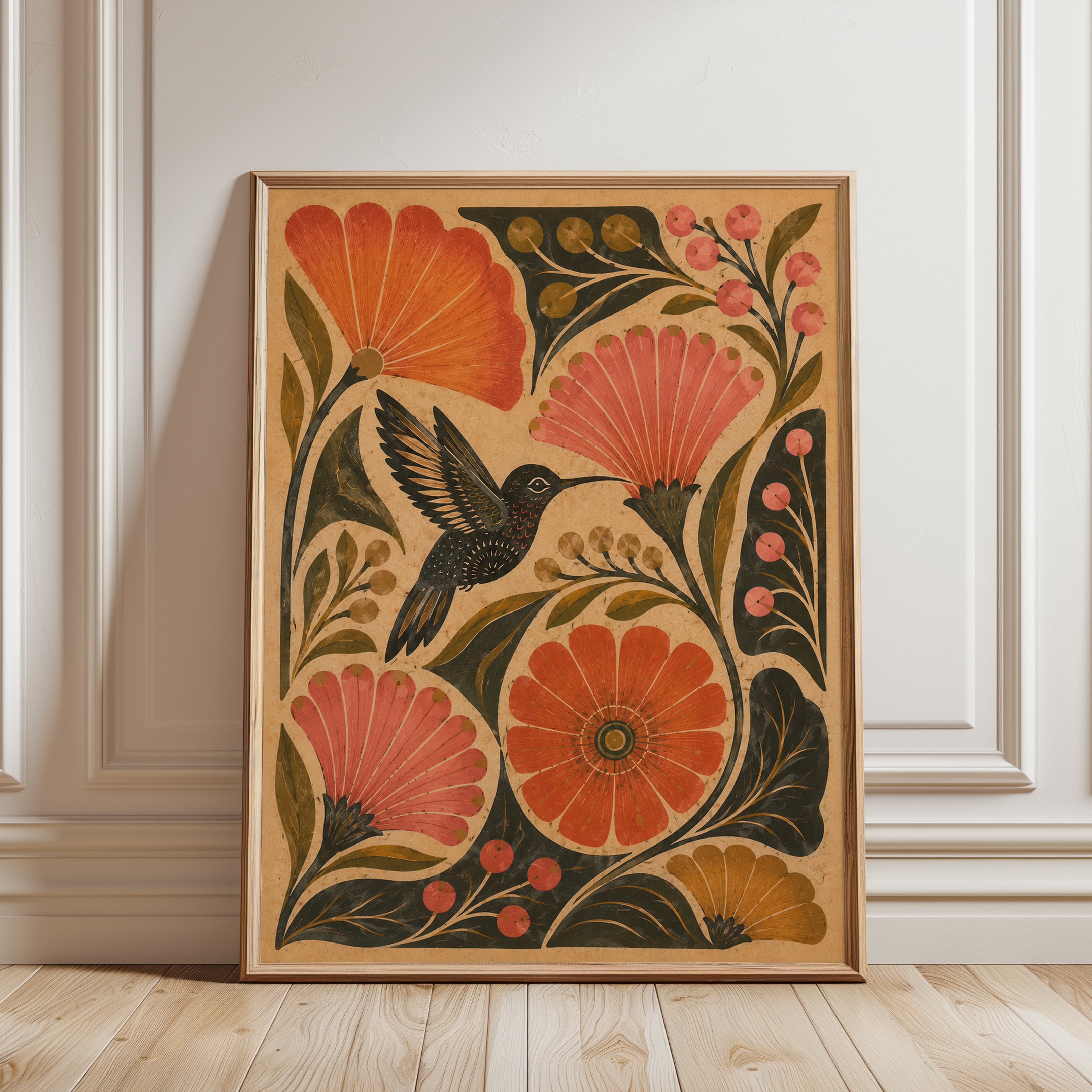 Hummingbird Folk Art Print — Vintage Floral Illustration - framed detail