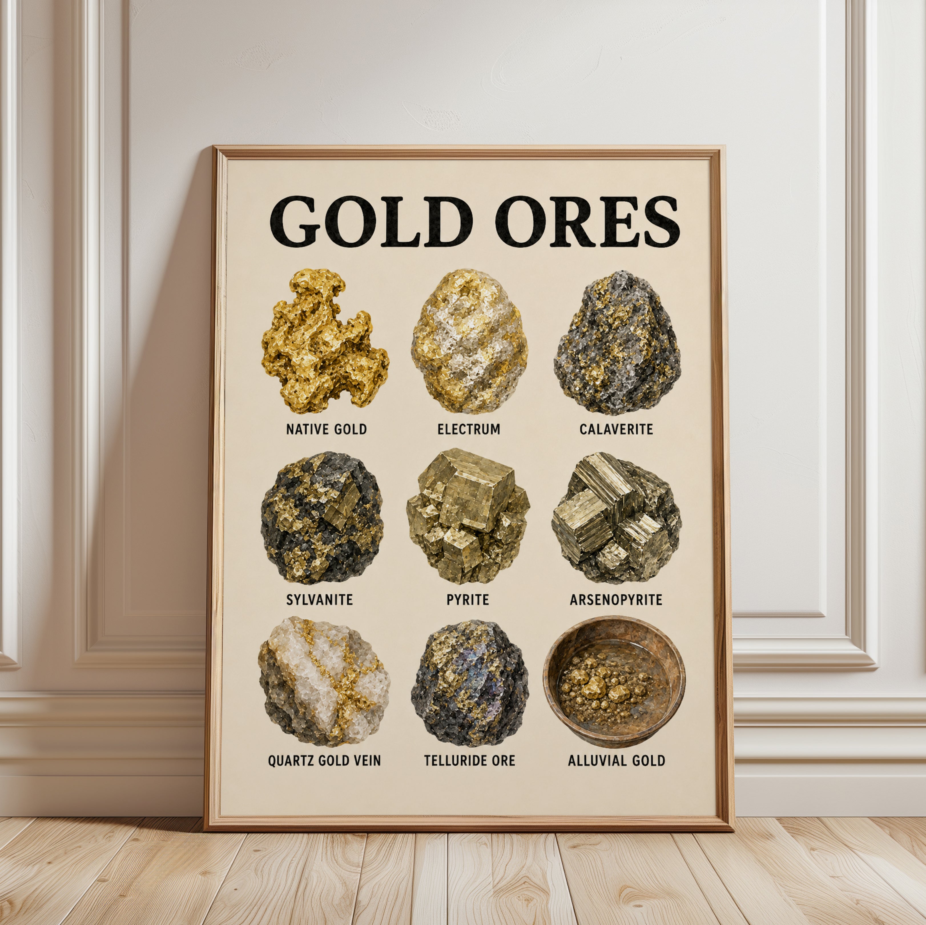 Gold Ores Educational Print — Vintage Geology Poster - framed detail