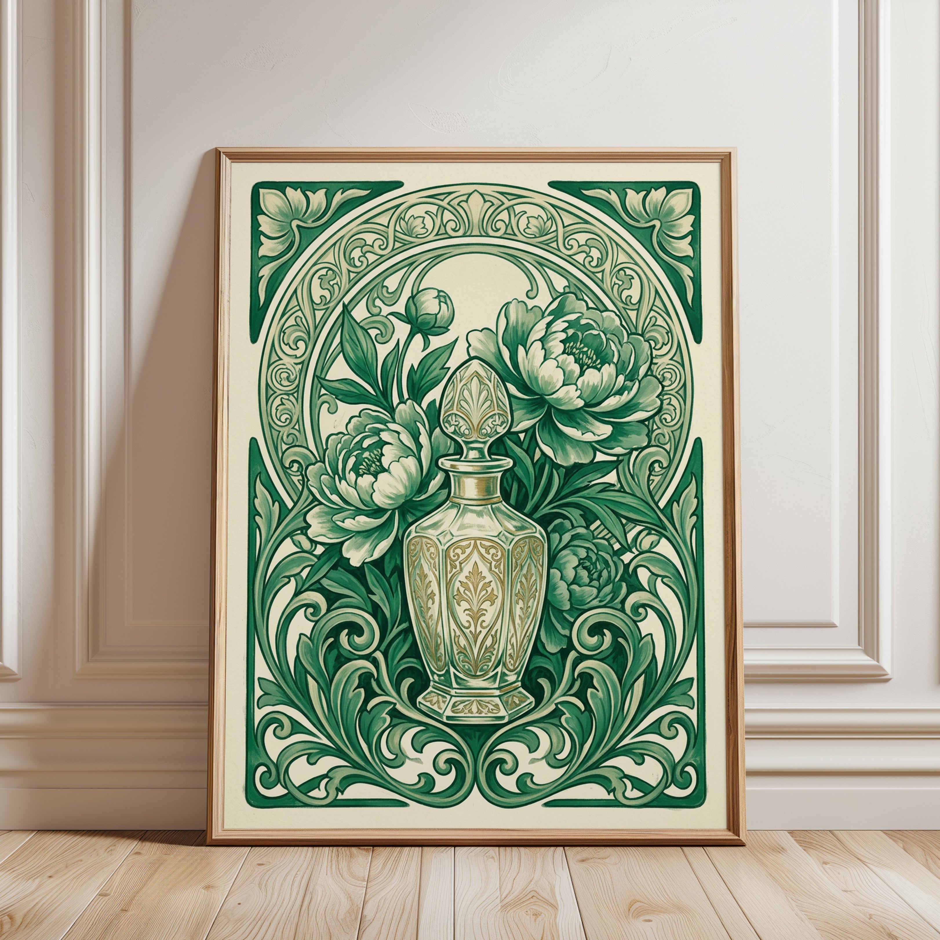 Art Nouveau Peony Print — Ornate Floral Vase Illustration - framed detail