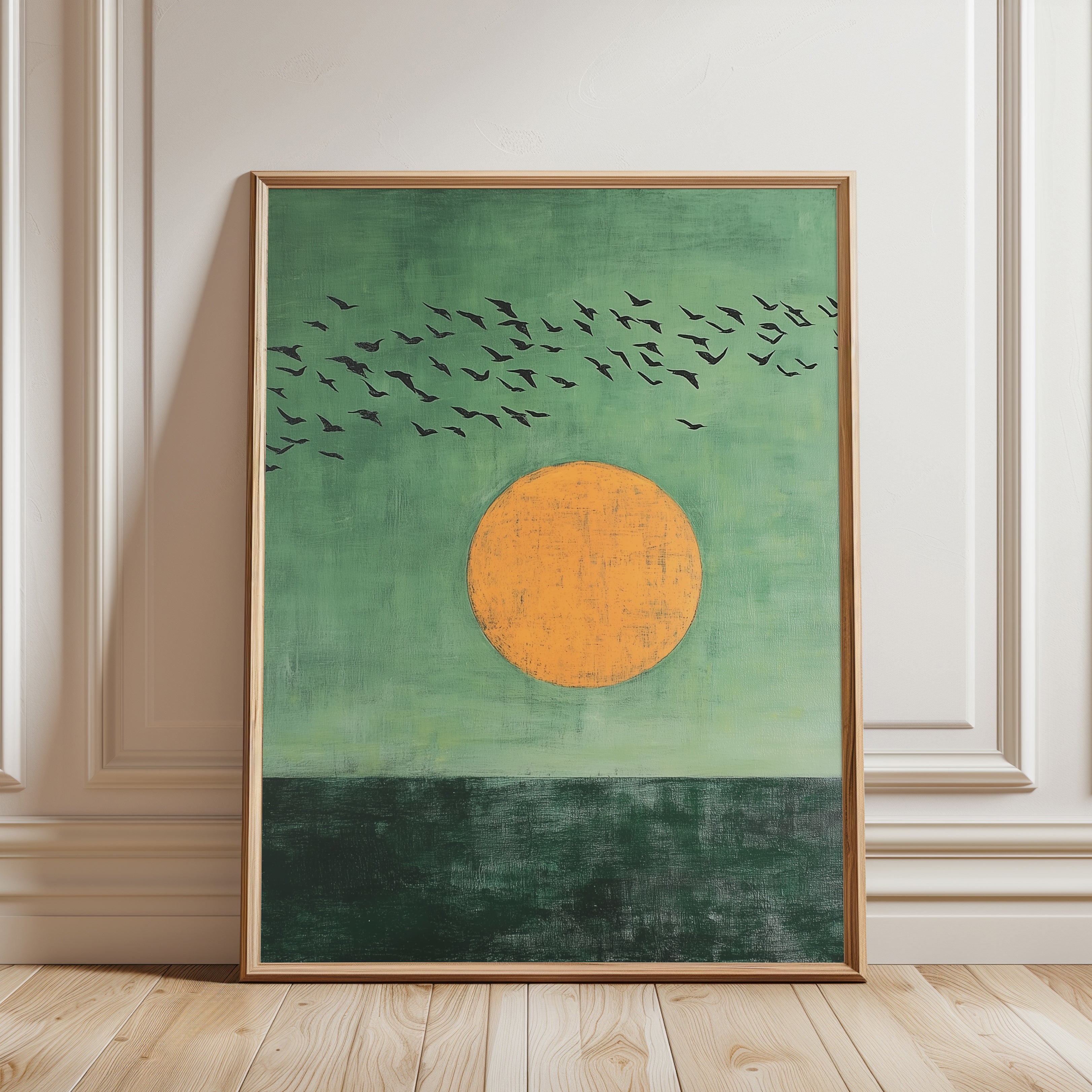Birds in Flight Wall Art: Minimalist Nature Print (Green and Orange) - framed detail