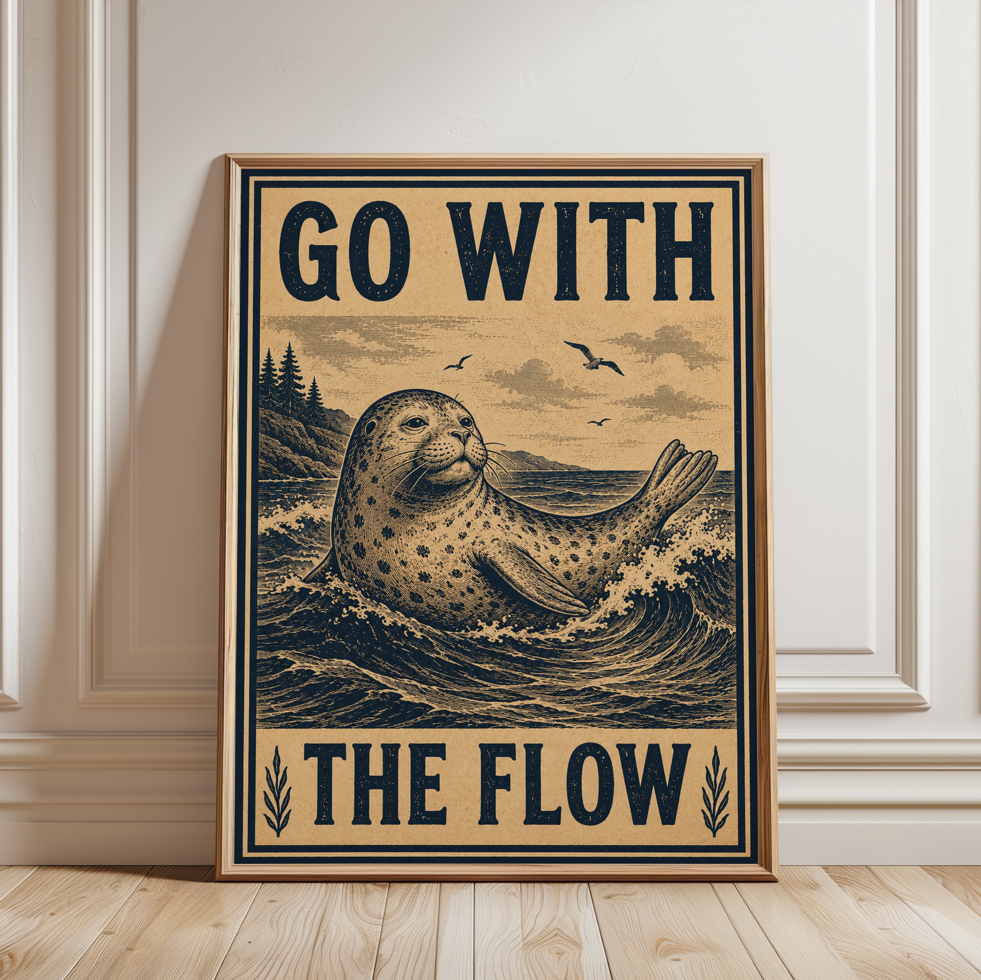 Vintage Seal Art Print: Go With The Flow - framed detail