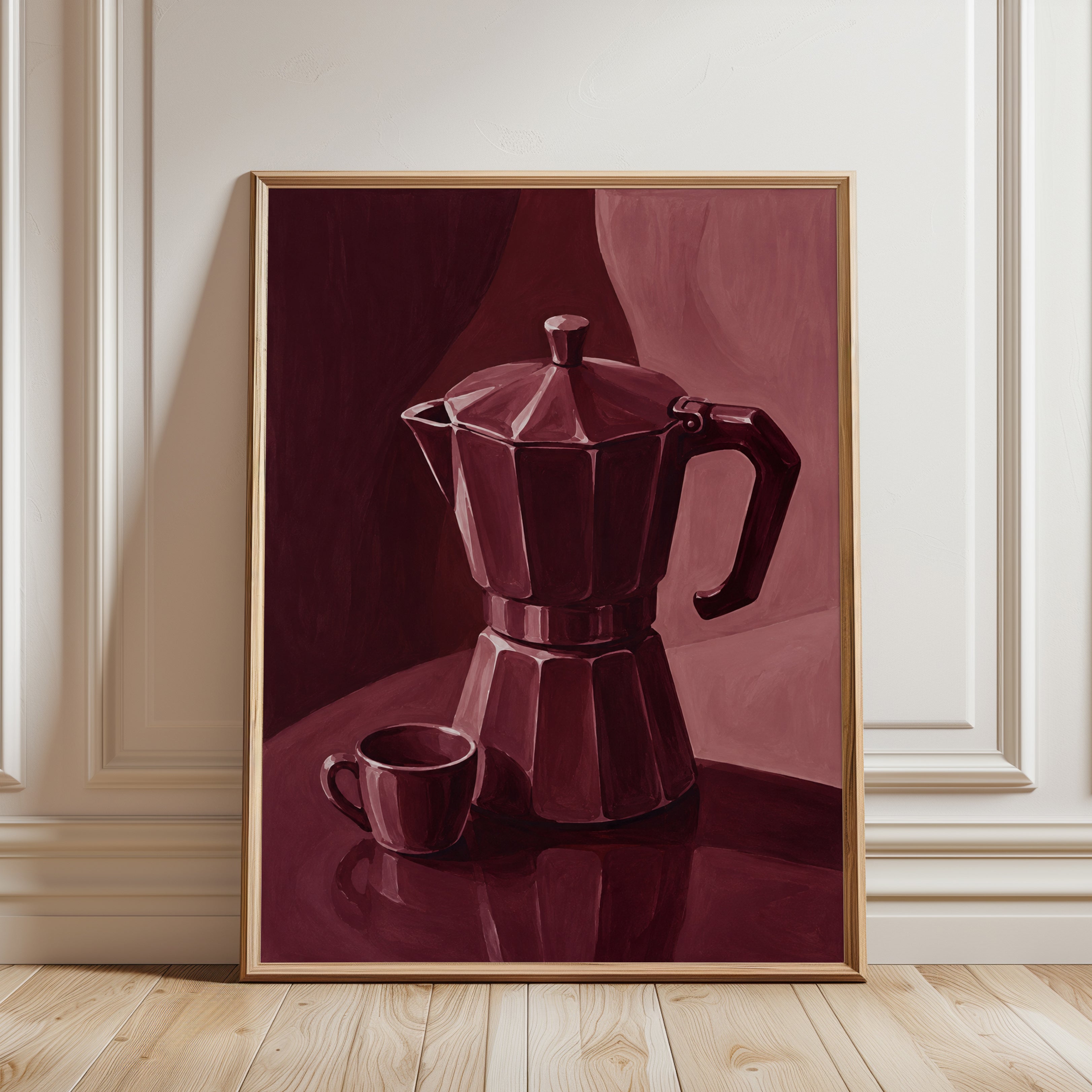 Moka Pot Still Life Art Print: Monochromatic Burgundy - framed detail