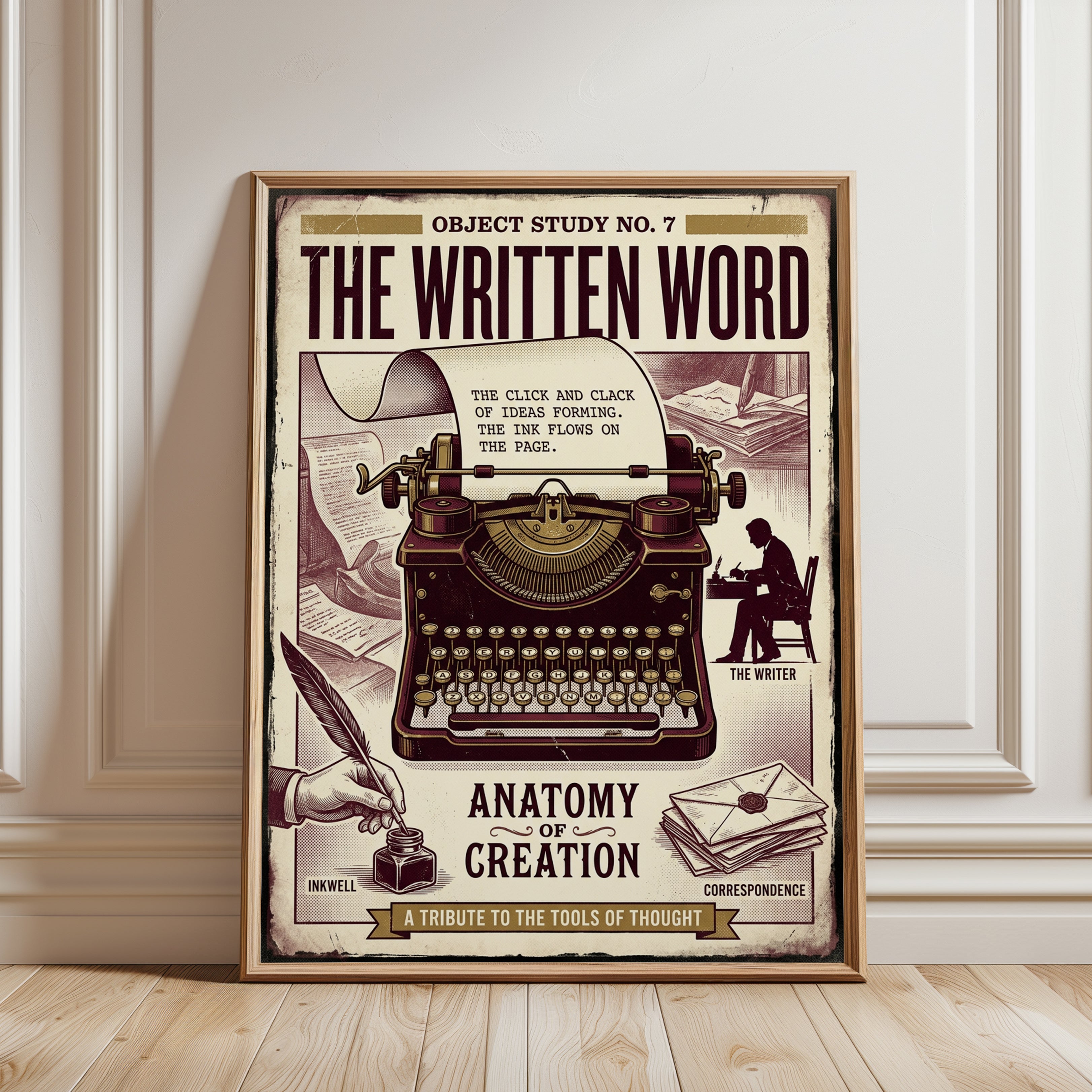 Vintage Typewriter Poster: Retro Writing Anatomy Art Print - framed detail