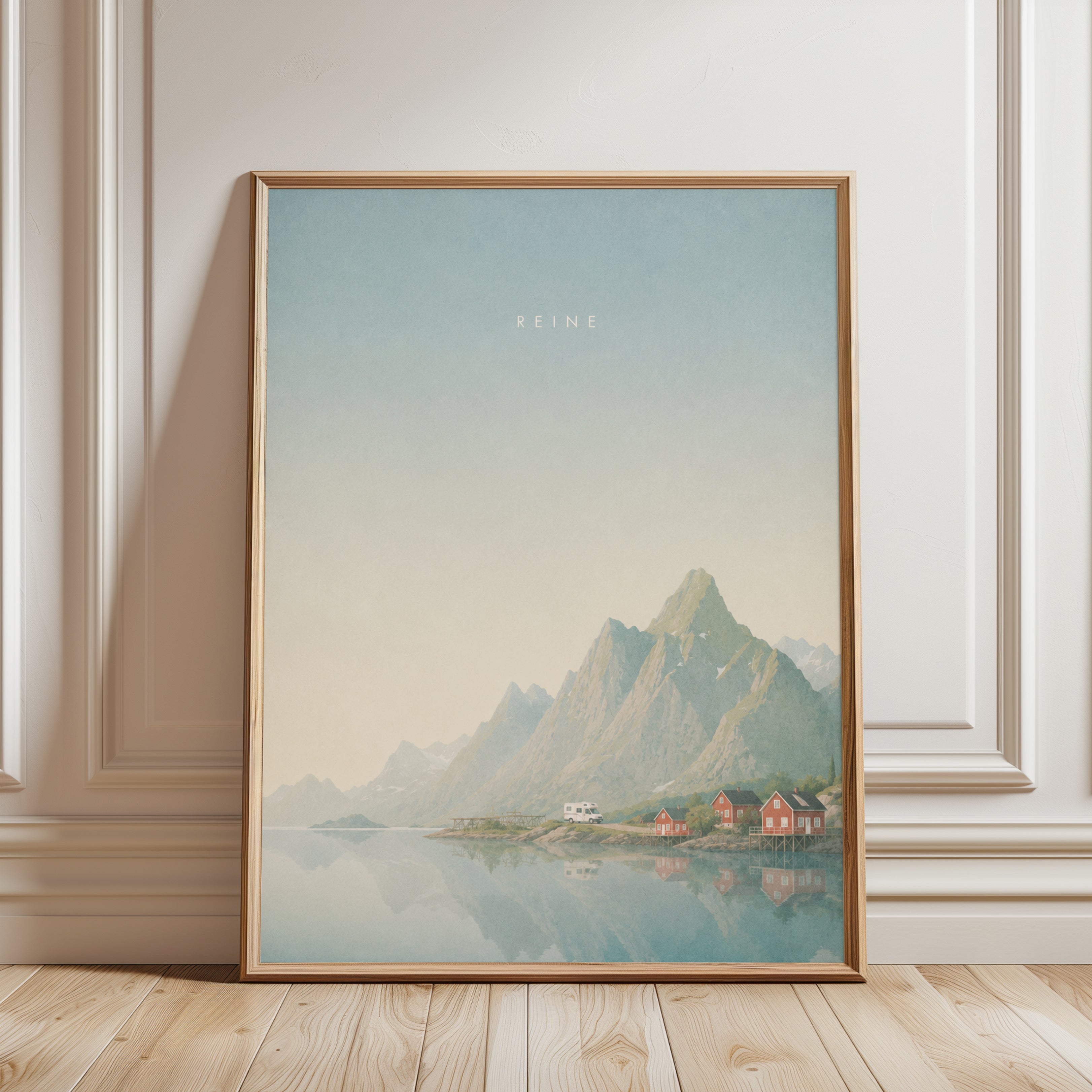 Nordic Fjord Village Print: Pastel Mountain Landscape Wall Art - framed detail