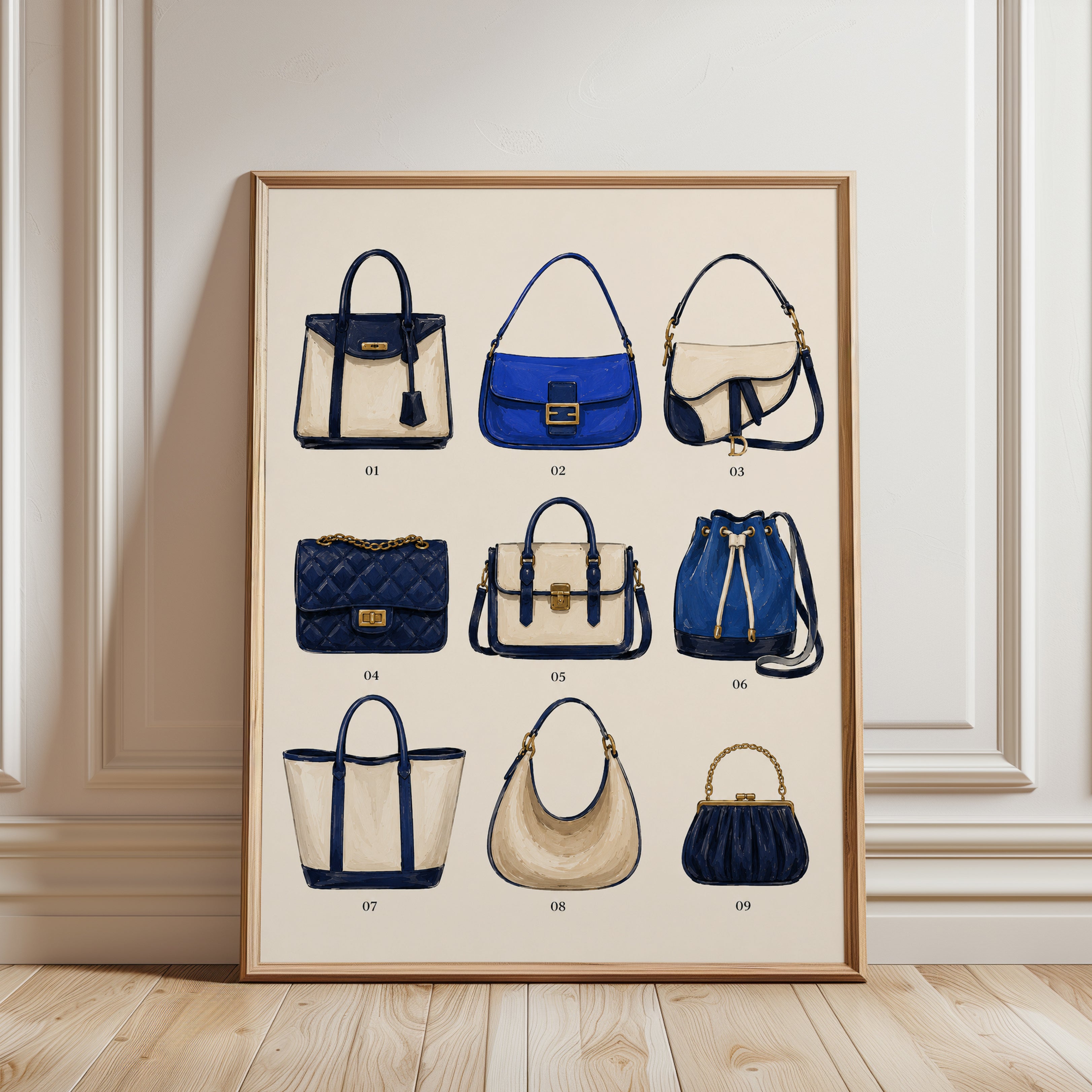 Designer Handbag Collection Print: Navy Blue Fashion Illustration - framed detail