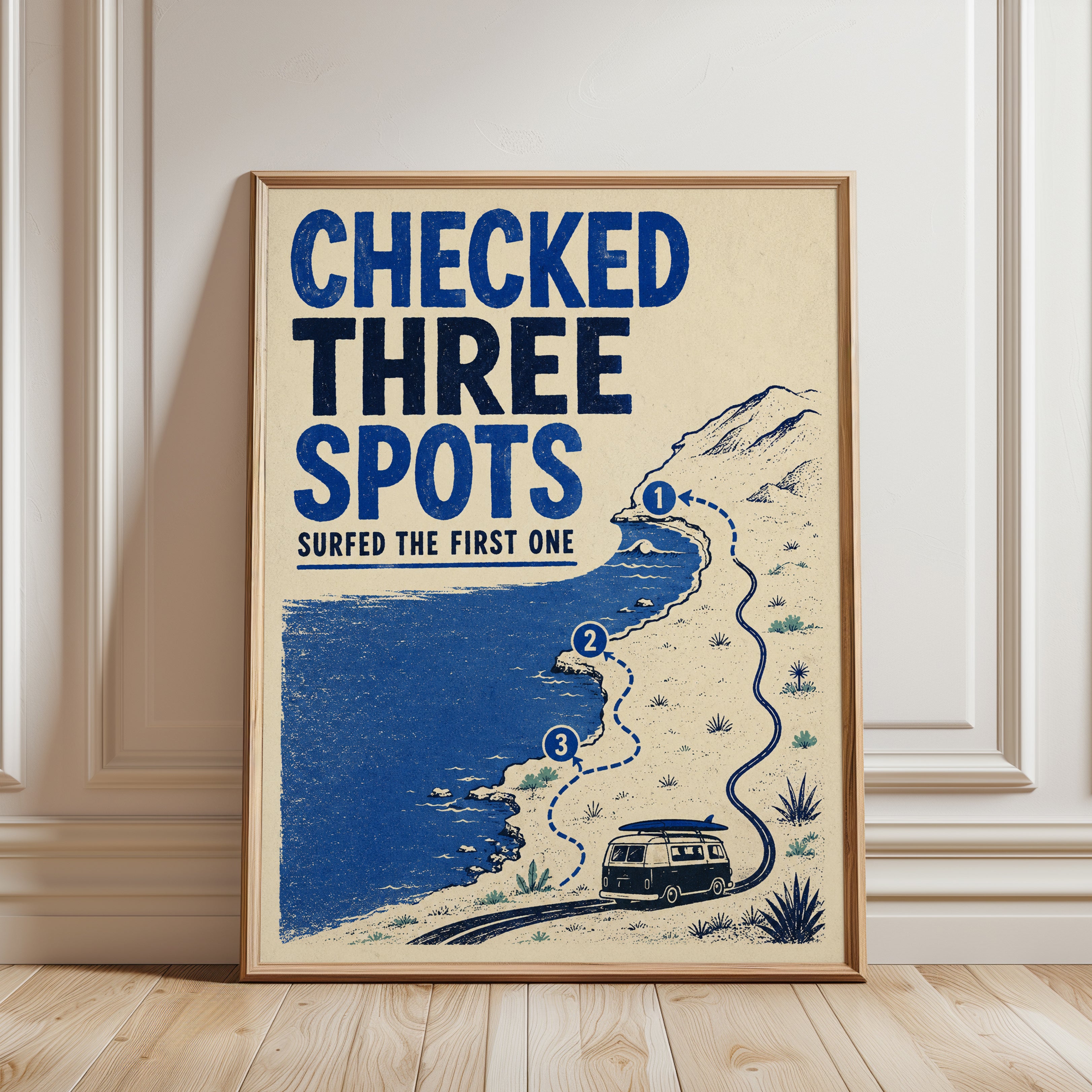 Surf Travel Poster – Coastal Map Wall Art - framed detail