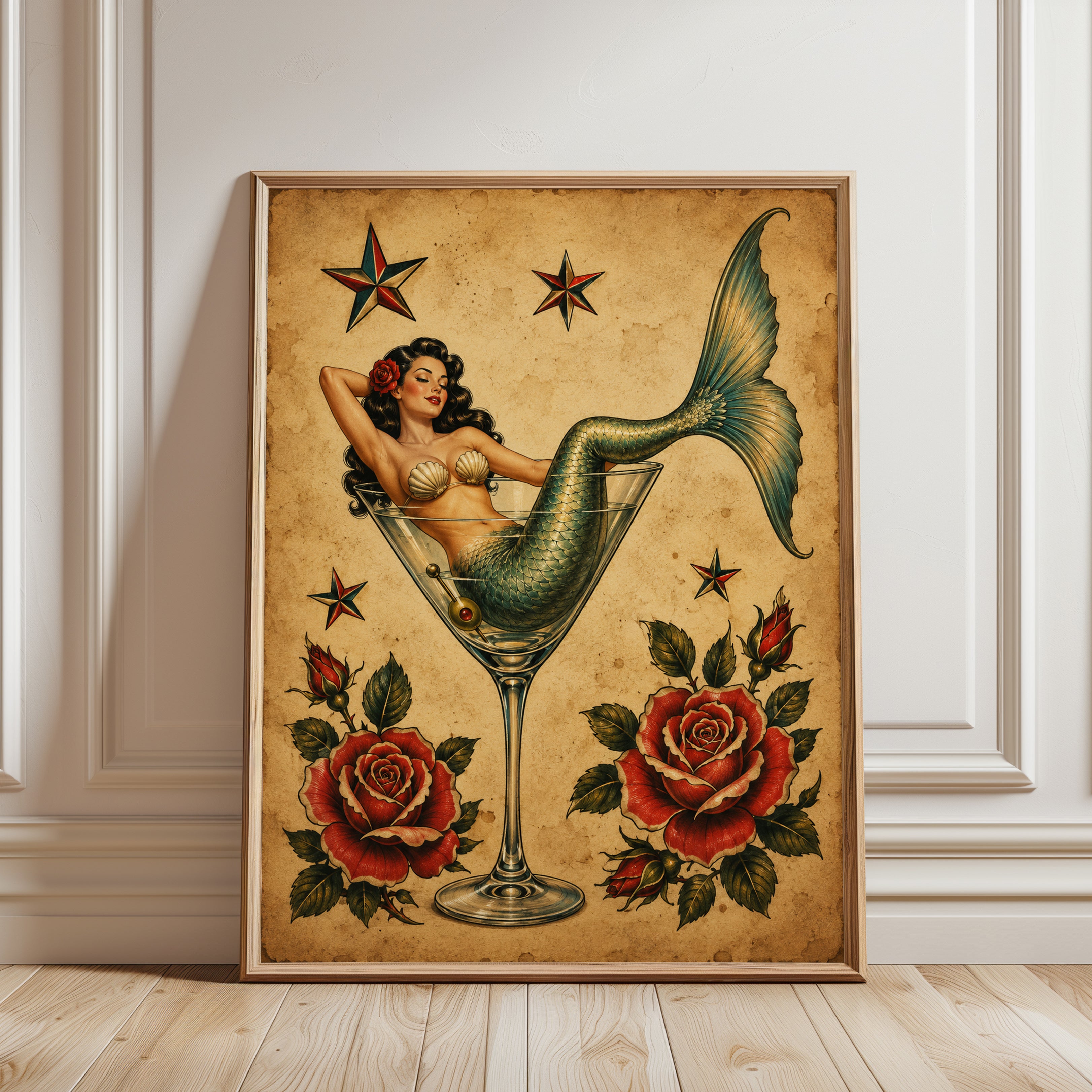 Vintage Mermaid Martini Print: Retro Tattoo Style Pin-Up Art - framed detail