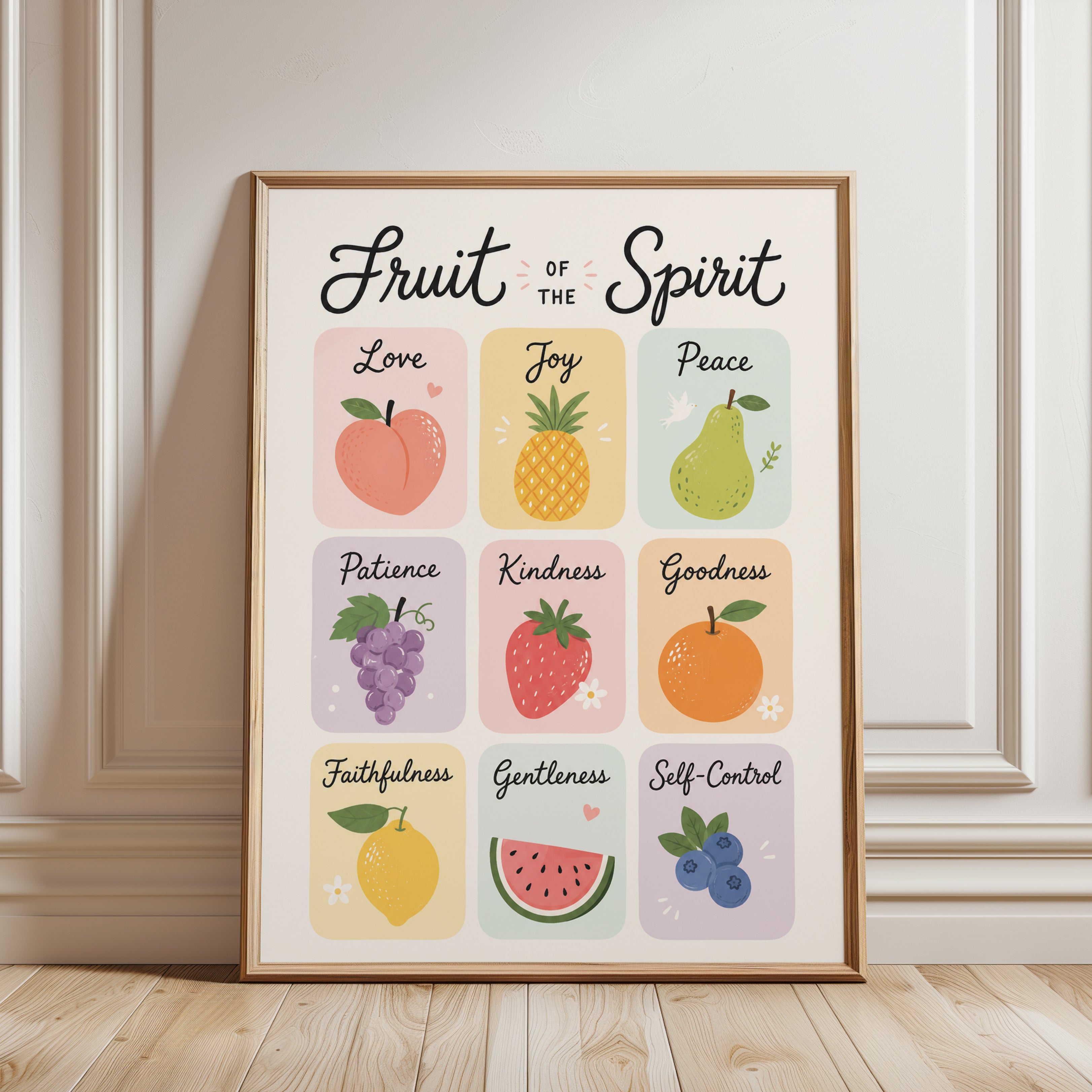 Fruit of the Spirit Print: Christian Nursery and Kitchen Wall Art - framed detail