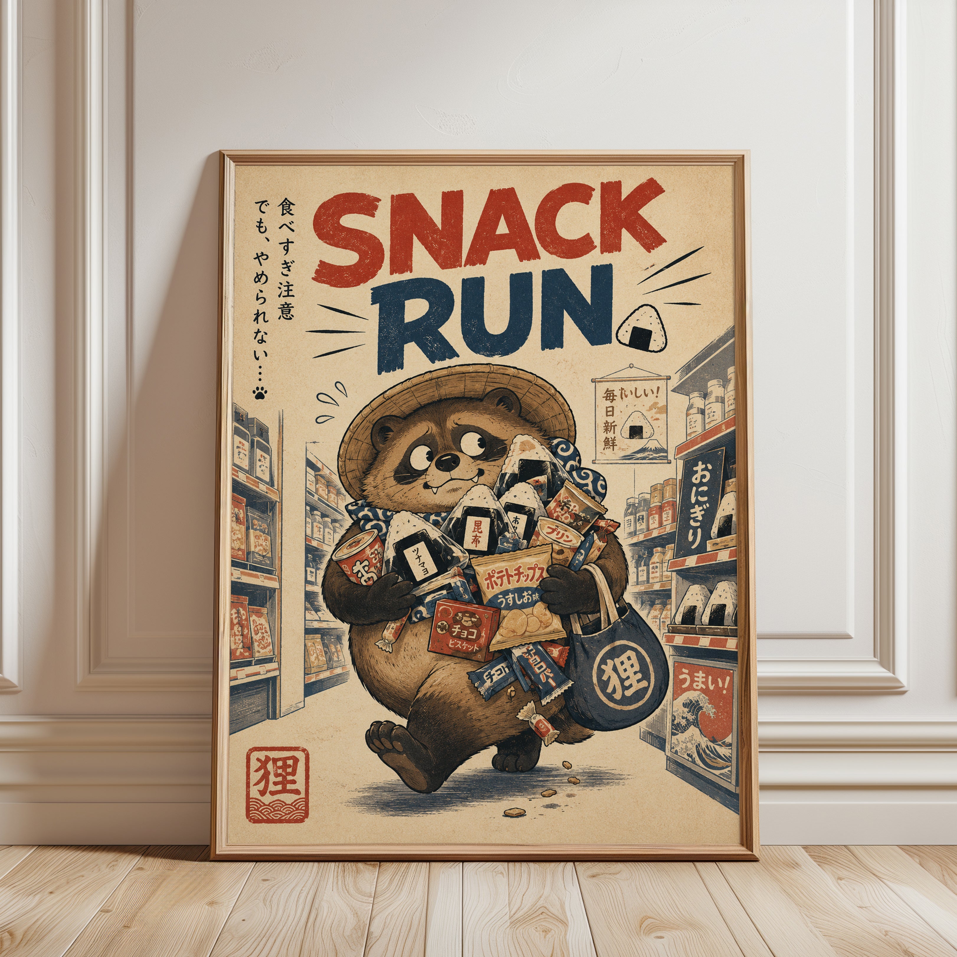 Japanese Raccoon Poster – Snack Run Retro Print - framed detail