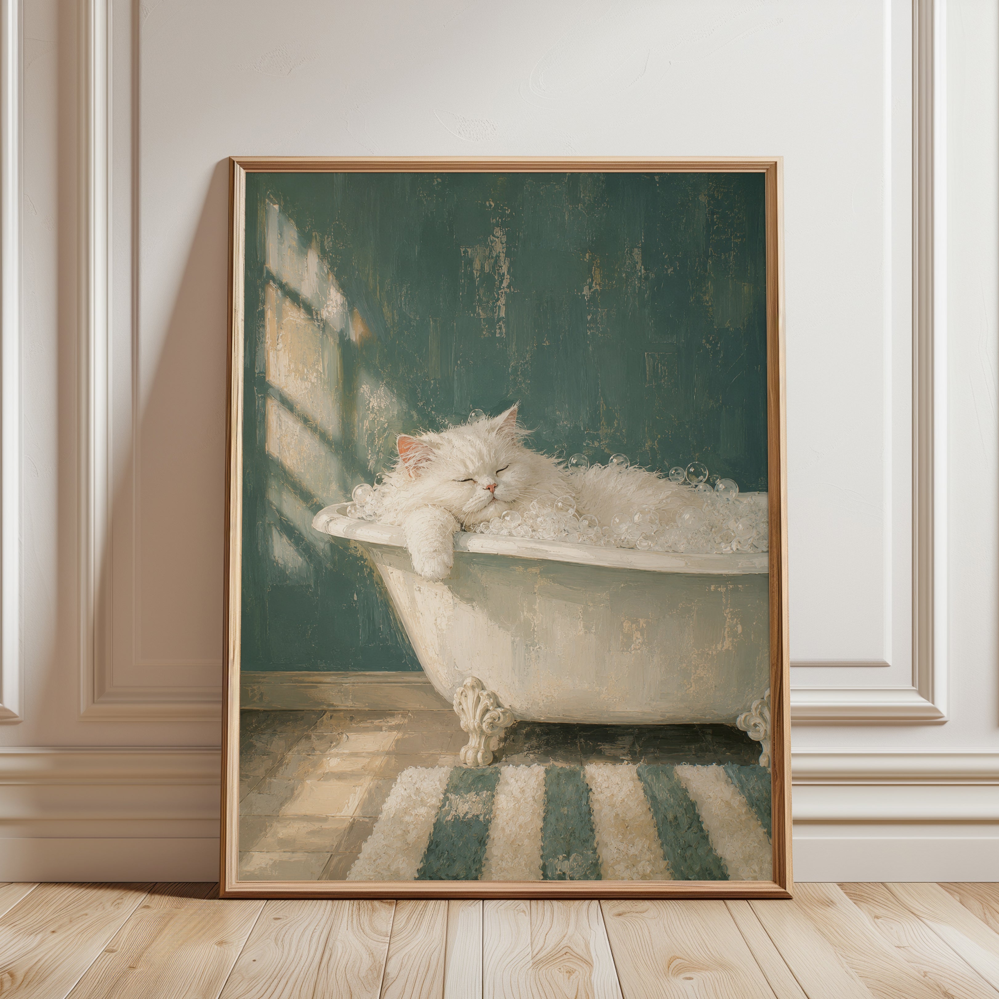 Fluffy Cat Bath Wall Art - framed detail