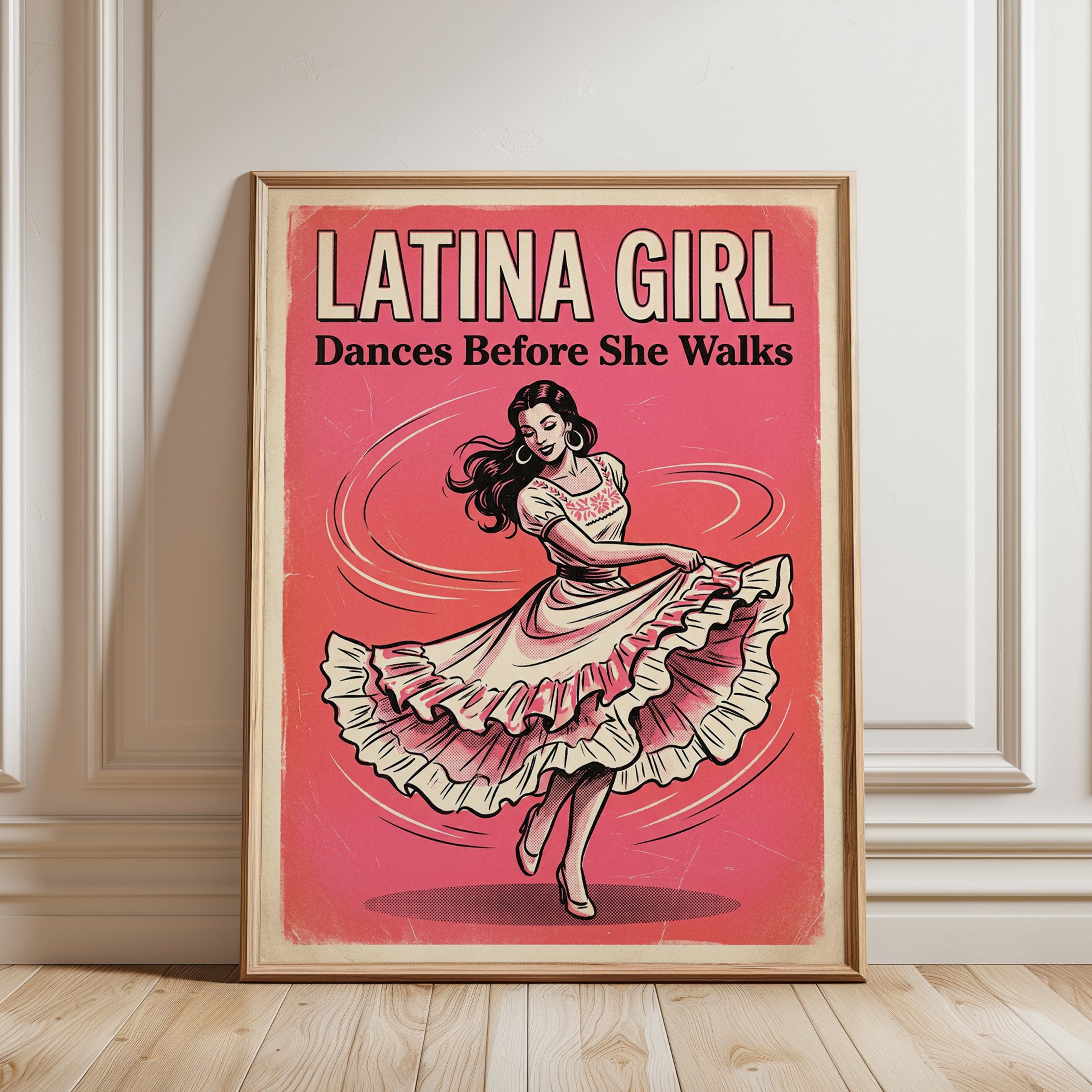 Latina Dancer Vintage Poster: Retro Pink Mid-Century Wall Art - framed detail