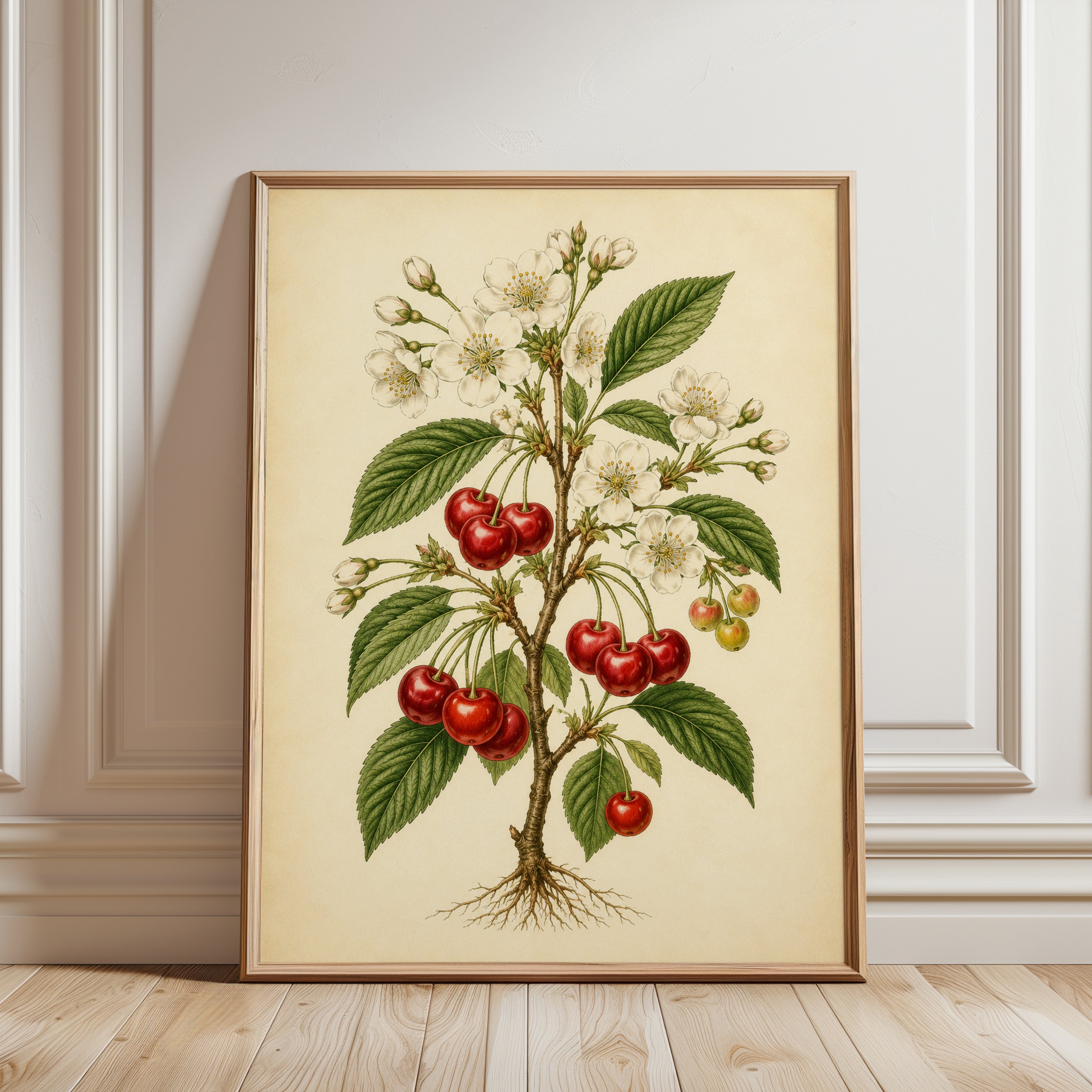 Vintage Cherry Botanical Print — Antique Style Fruit Illustration - framed detail