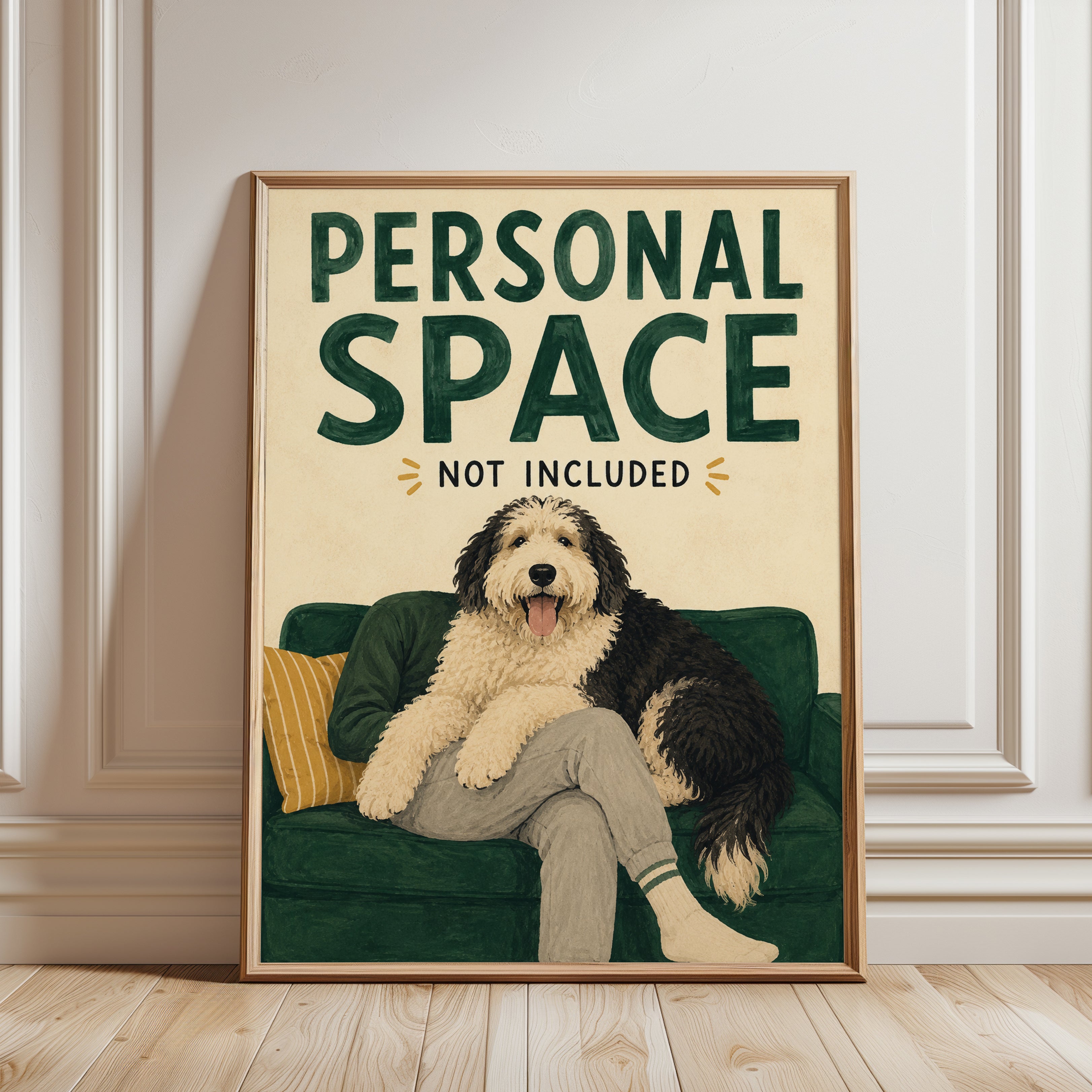 Funny Dog Wall Art – Shaggy Dog Couch Print - framed detail