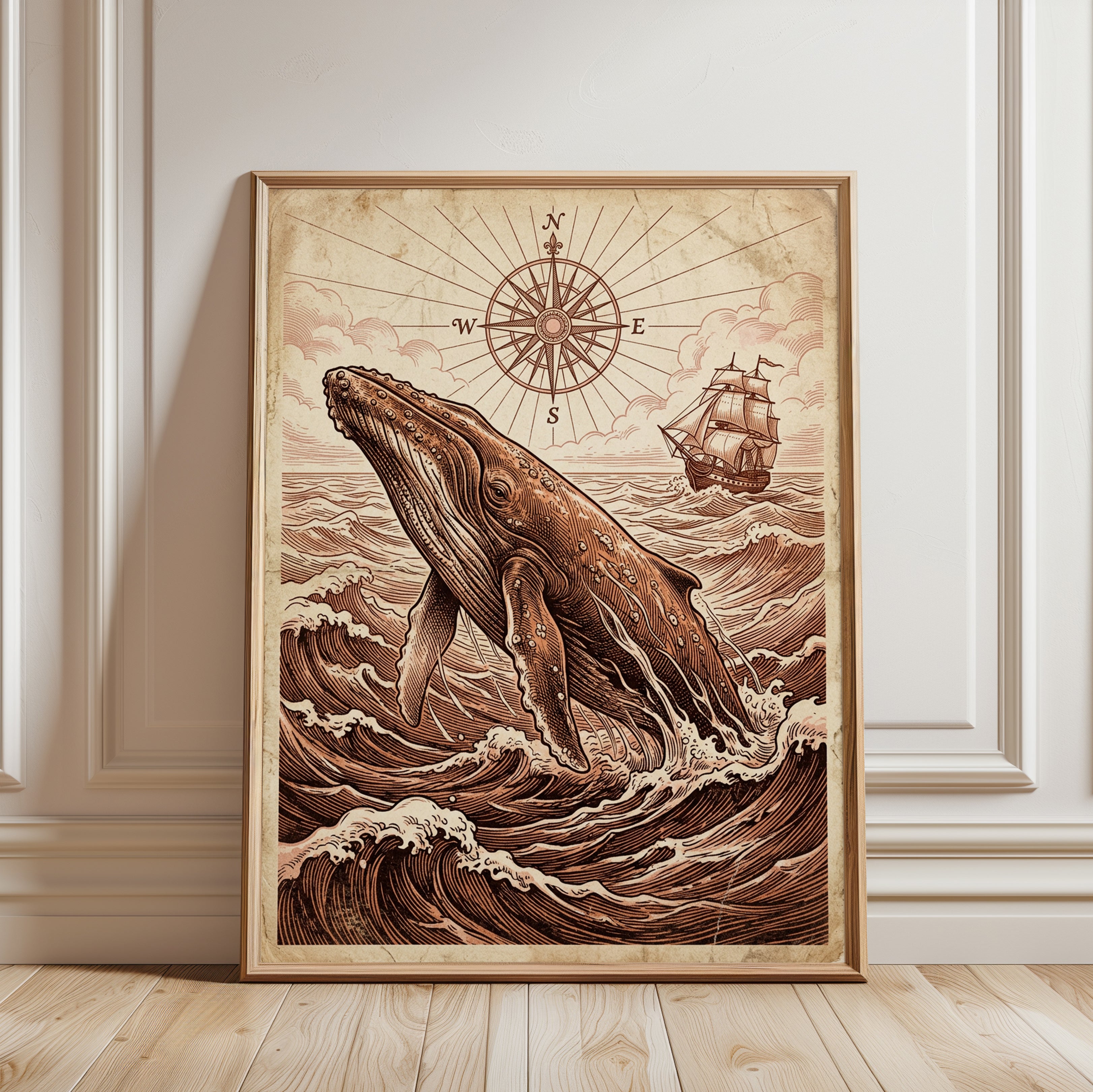 Whale Wall Art: Vintage Nautical Compass - framed detail