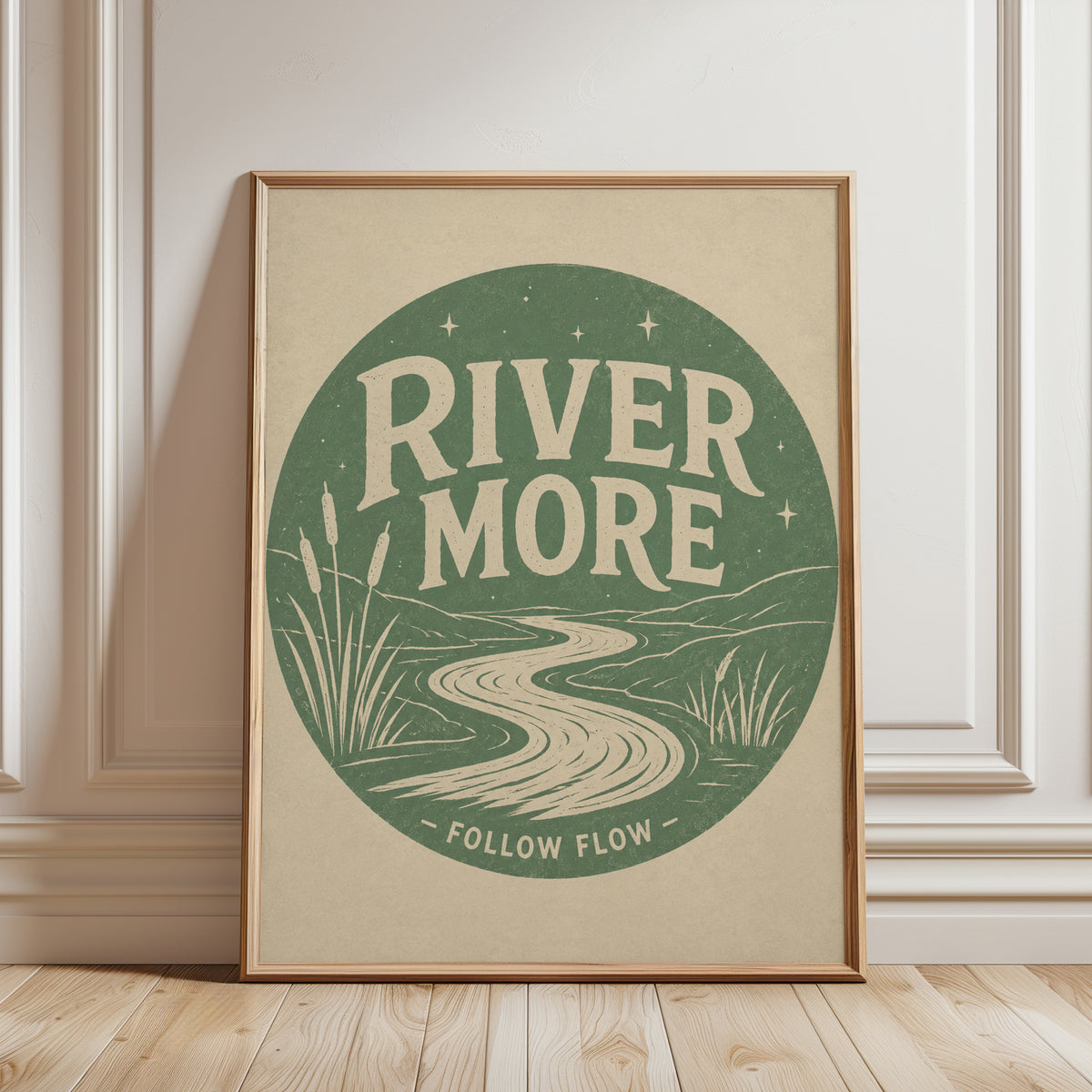 River More Retro Print: Vintage Green Nature Typography Art - framed detail