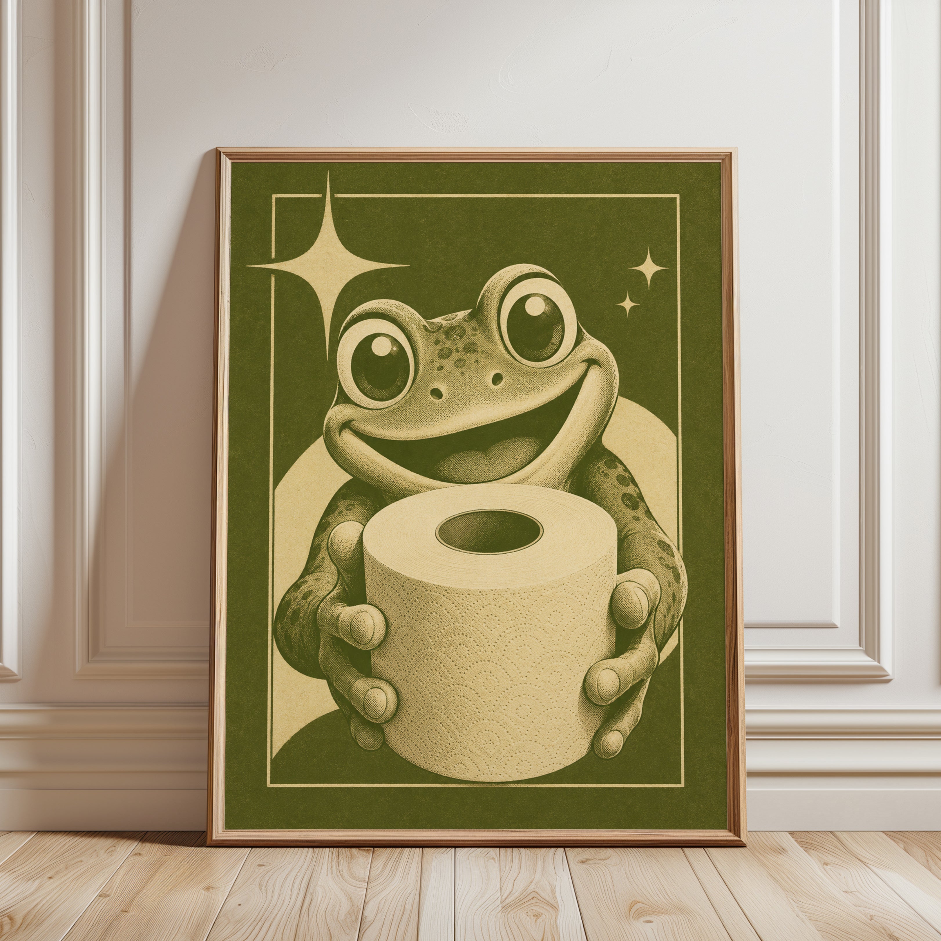 Retro Frog Bathroom Print: 1970s Mid-Century Illustration - framed detail