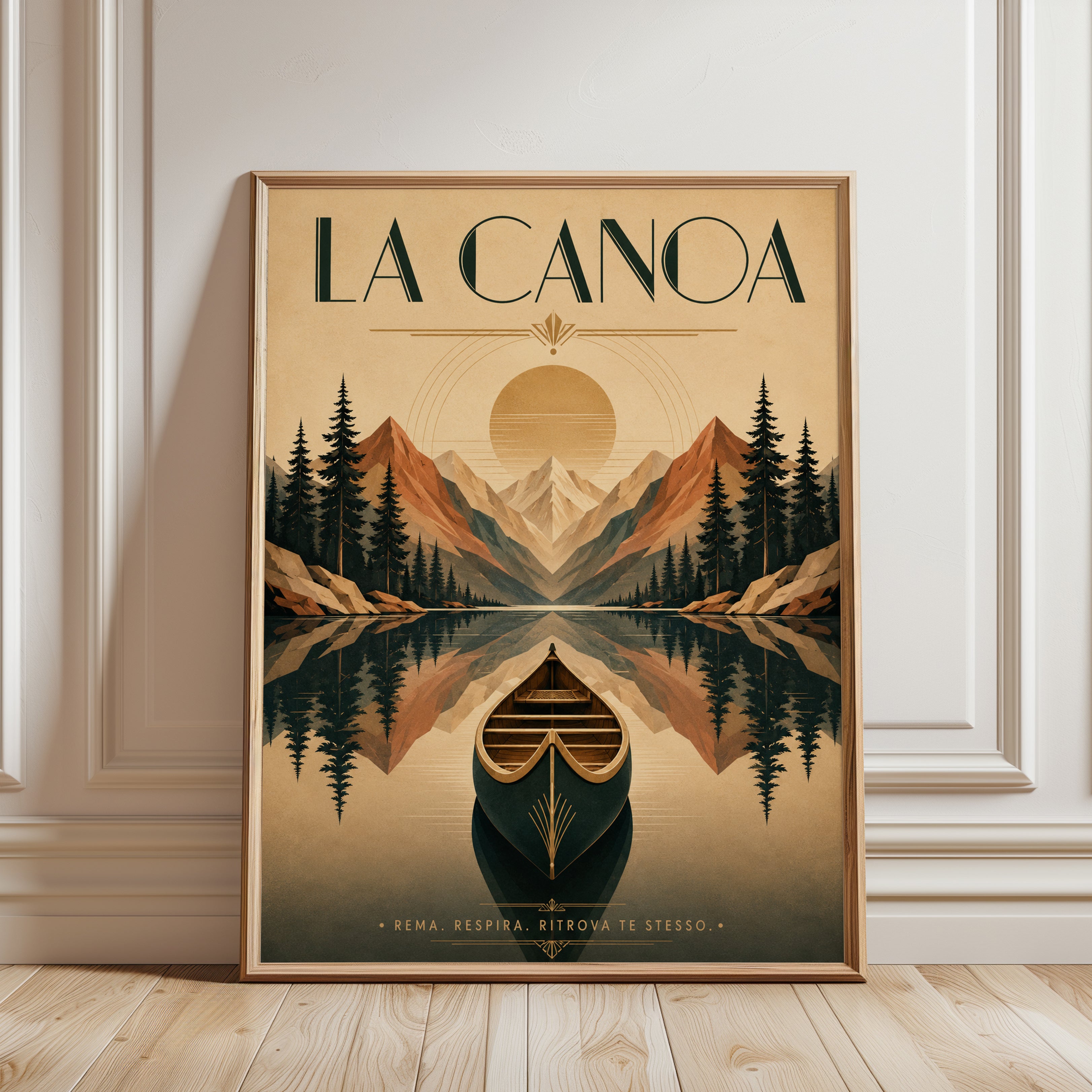 La Canoa Mountain Lake Poster: Art Deco Vintage Travel Design - framed detail