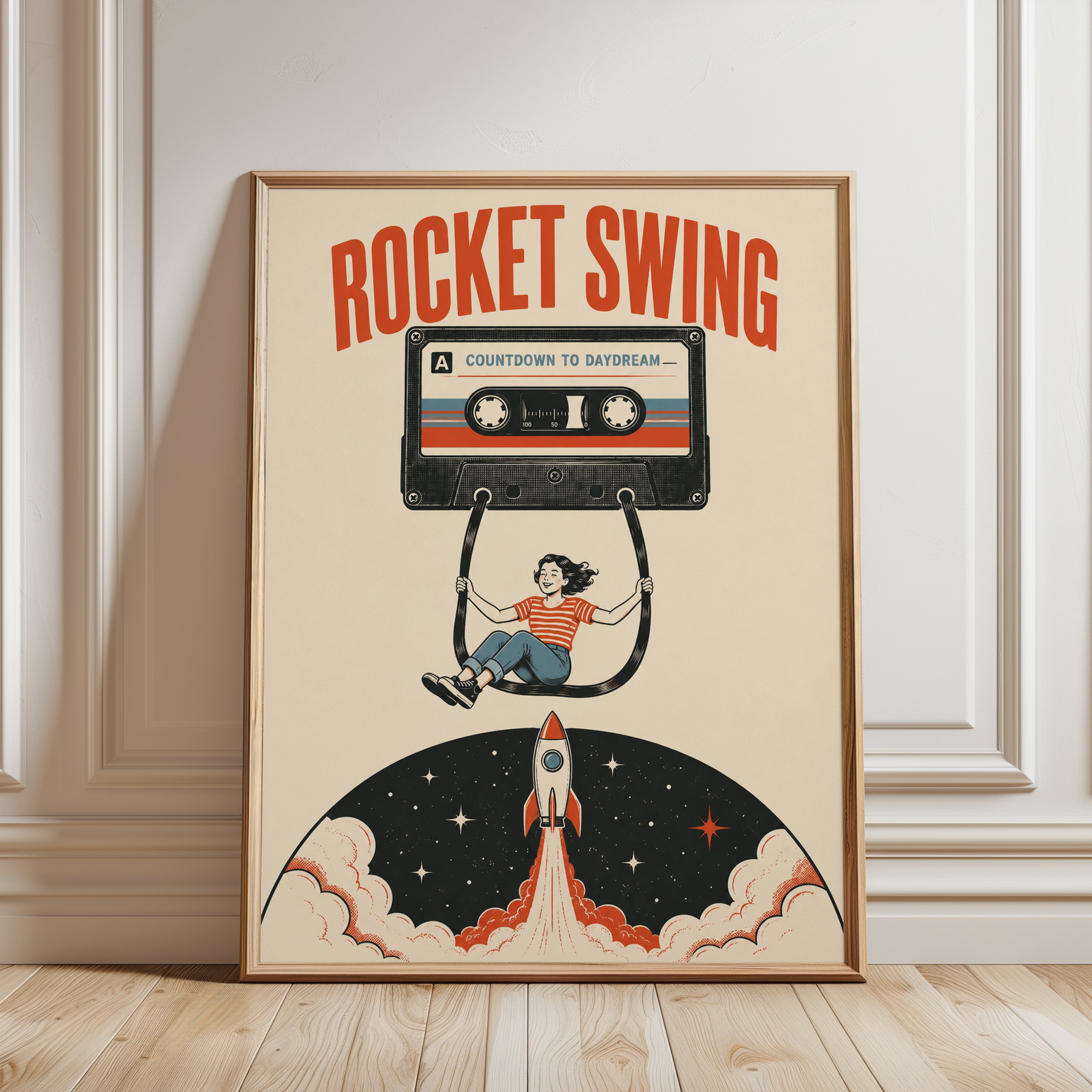 Retro Cassette Tape Rocket Print — Whimsical Music & Space Art - framed detail