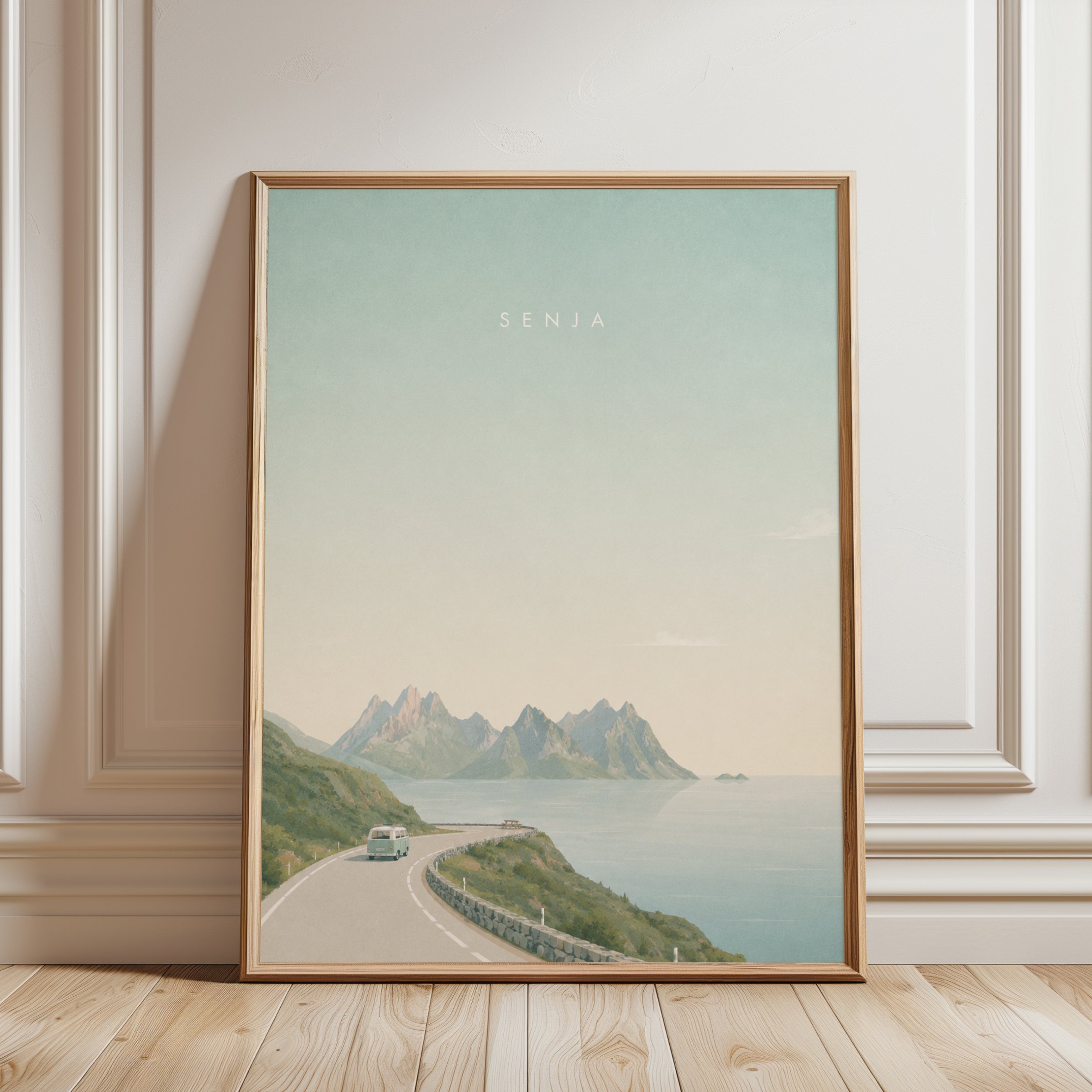 Senja Coastal Road Print: Minimalist Norwegian Landscape Art - framed detail