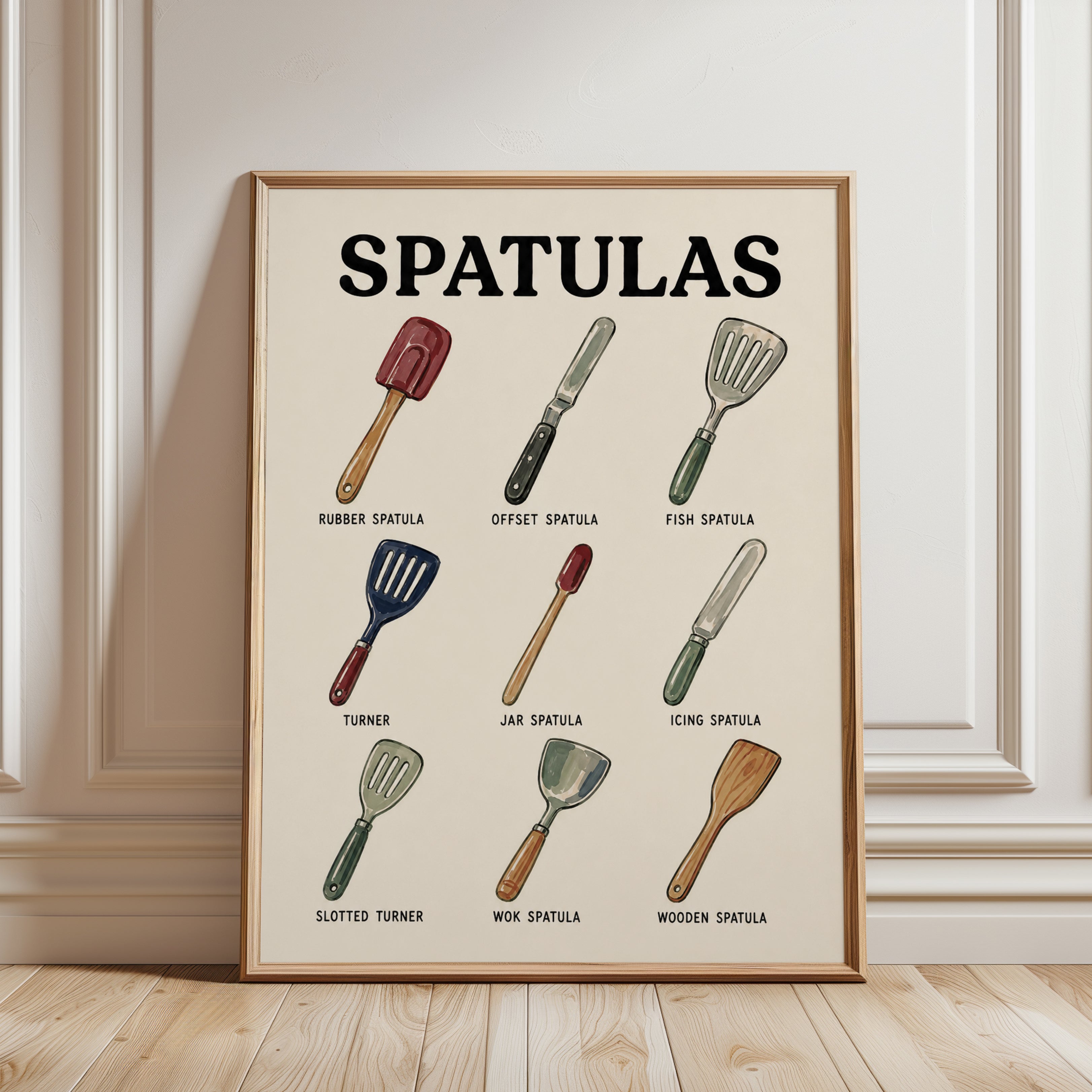 Kitchen Spatulas Print — Illustrated Guide to Cooking Utensils - framed detail