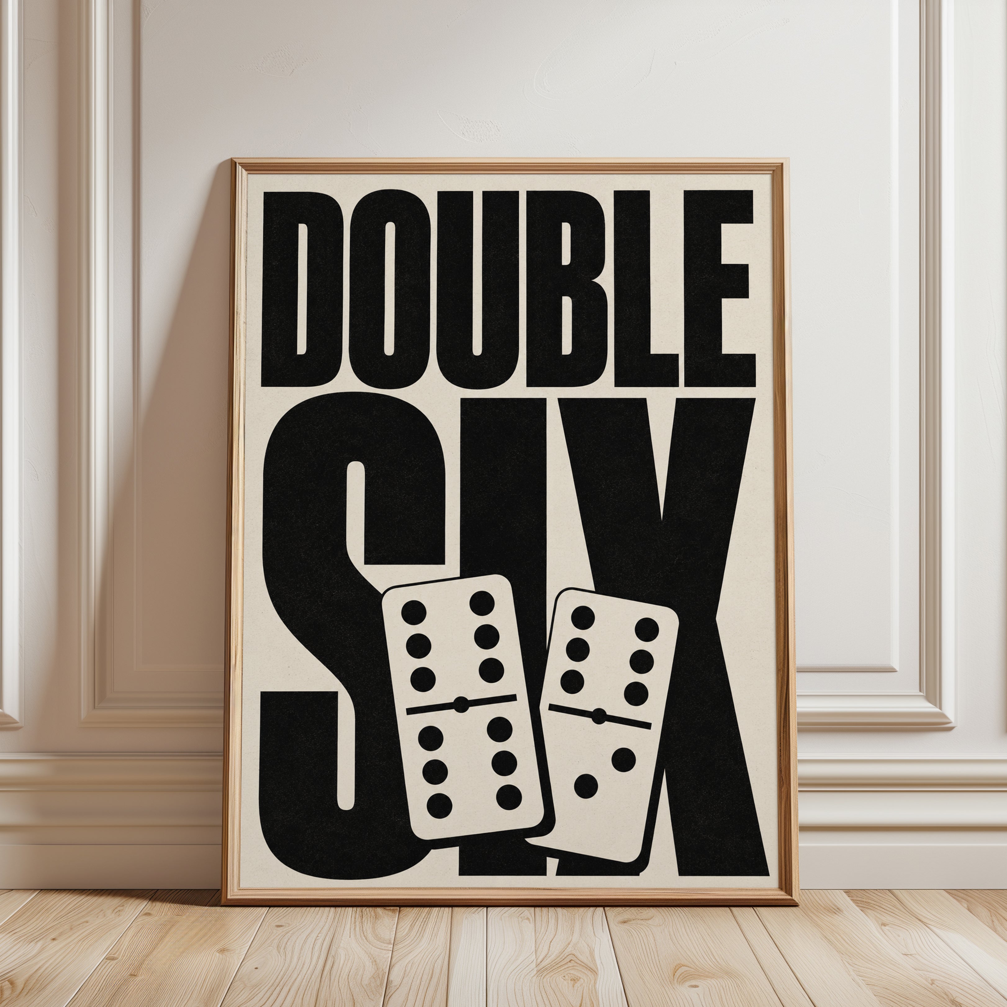 Double Six Dominoes Print: Bold Black Typography Wall Art - framed detail