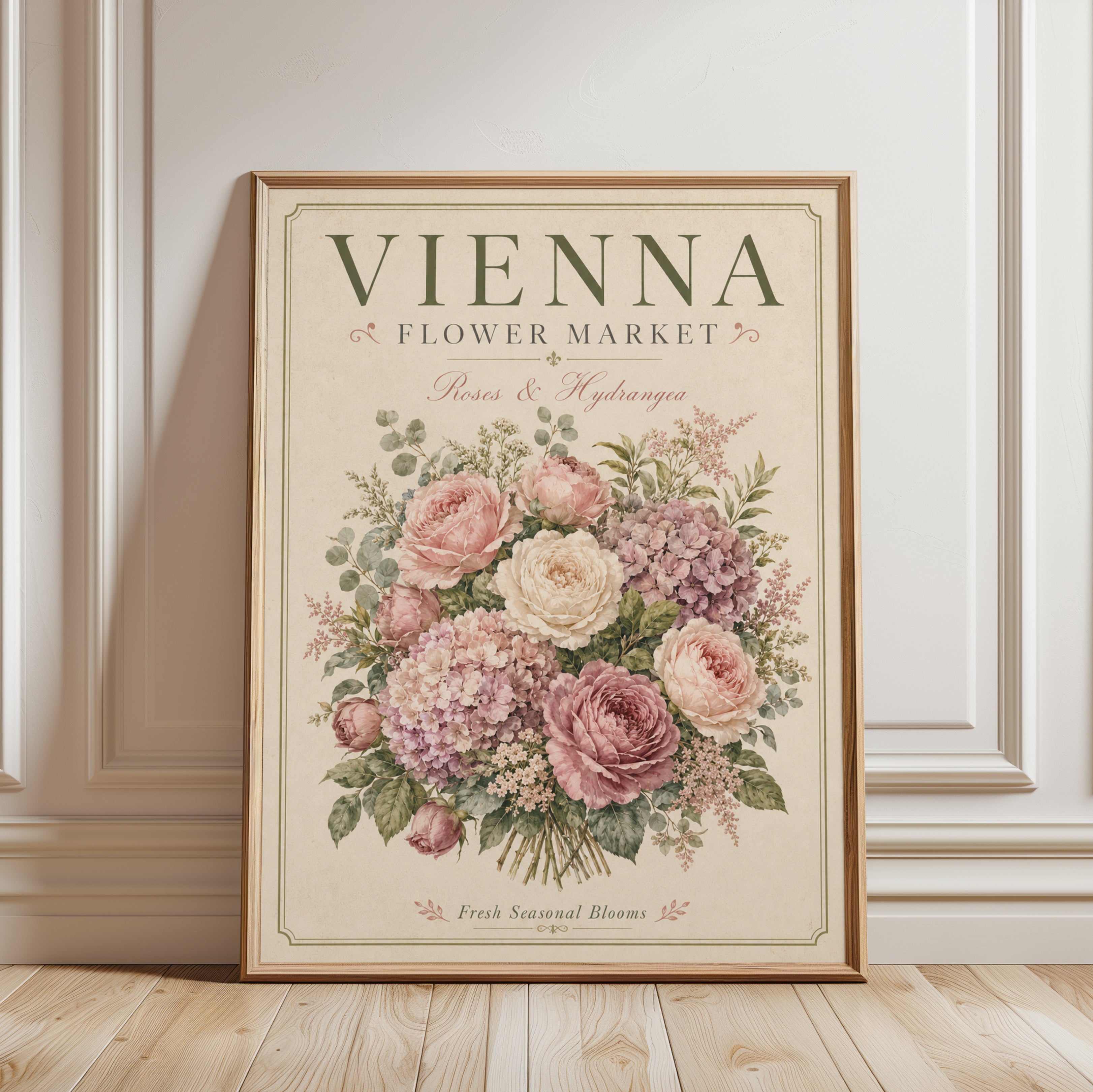 Vienna Flower Market Print — Vintage Botanical Rose & Hydrangea - framed detail