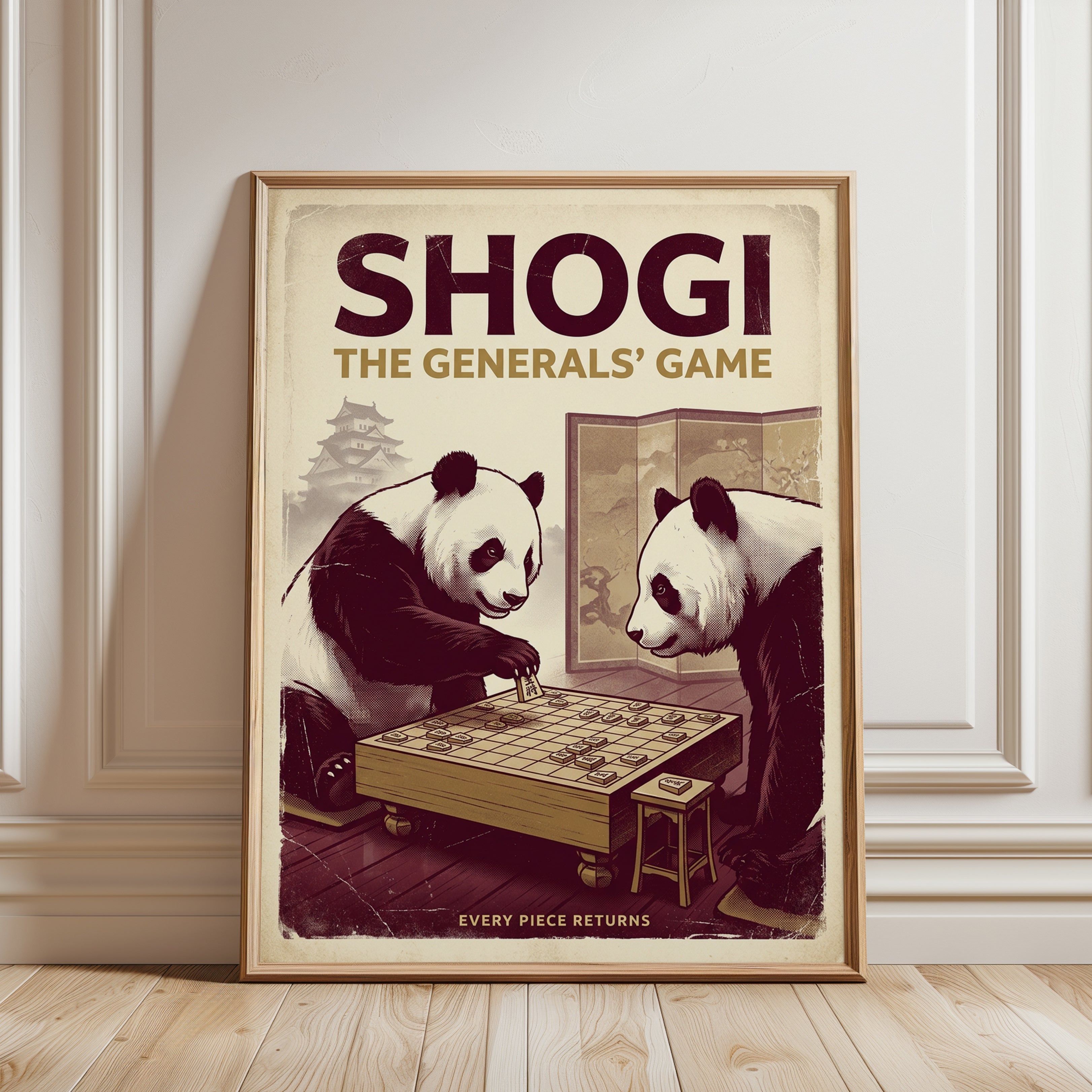 Shogi Pandas Art Print: Vintage Japanese Board Game Poster - framed detail