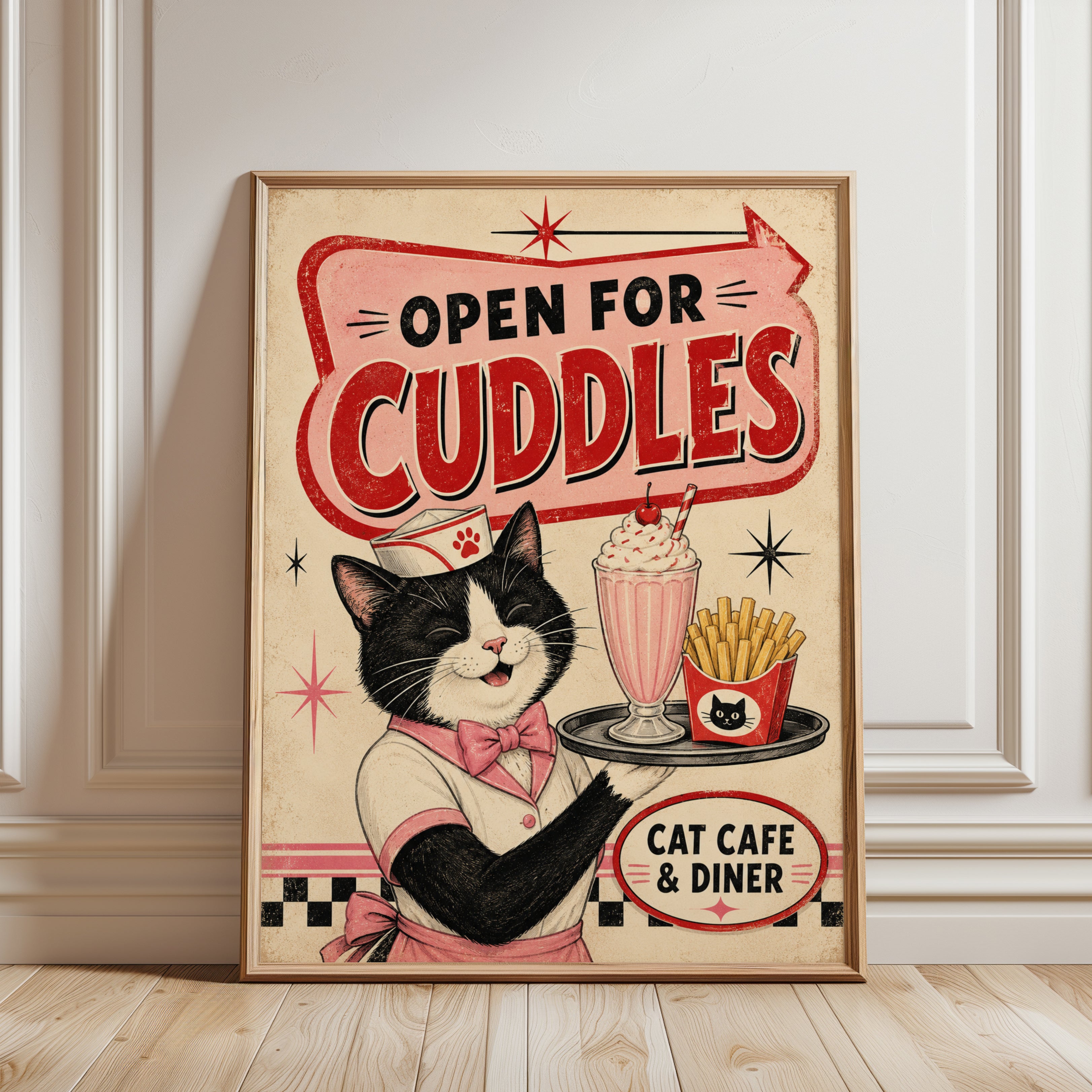 Cat Cafe Wall Art – Retro Diner Print - framed detail