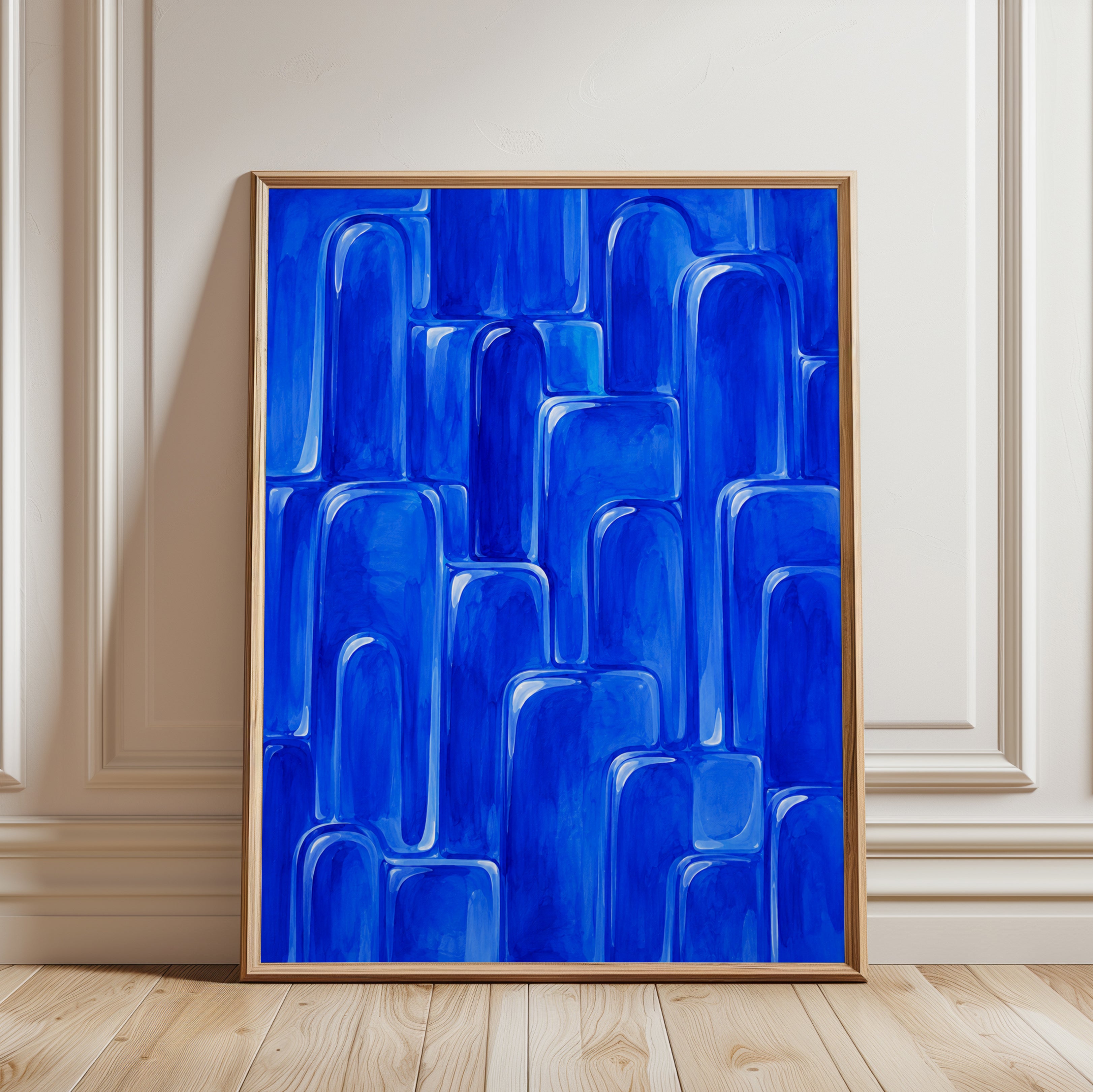 Blue Abstract Cityscape Wall Art: Geometric Urban Skyline - framed detail