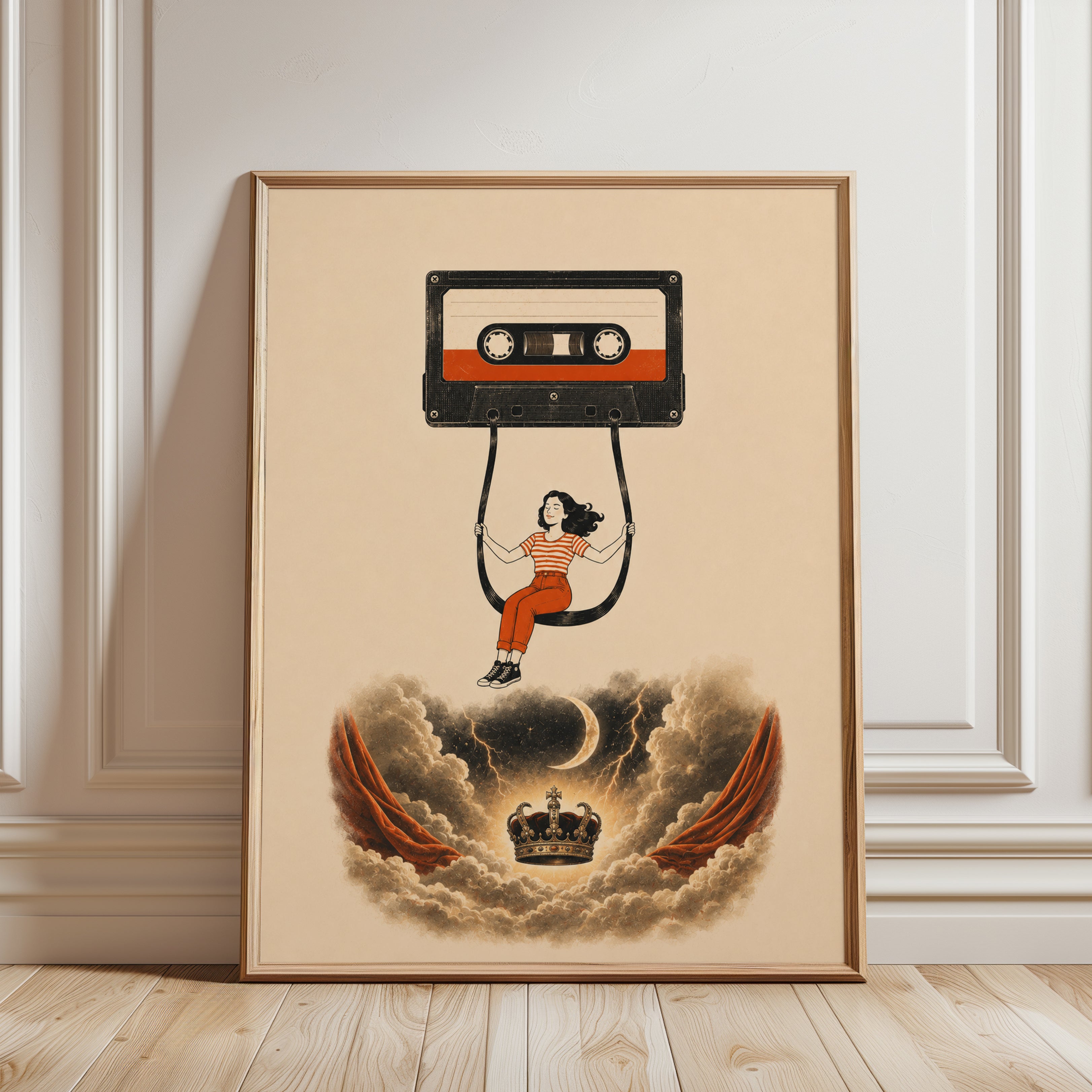 Retro Cassette Tape Swing Art Print: Surreal Music Nostalgia - framed detail