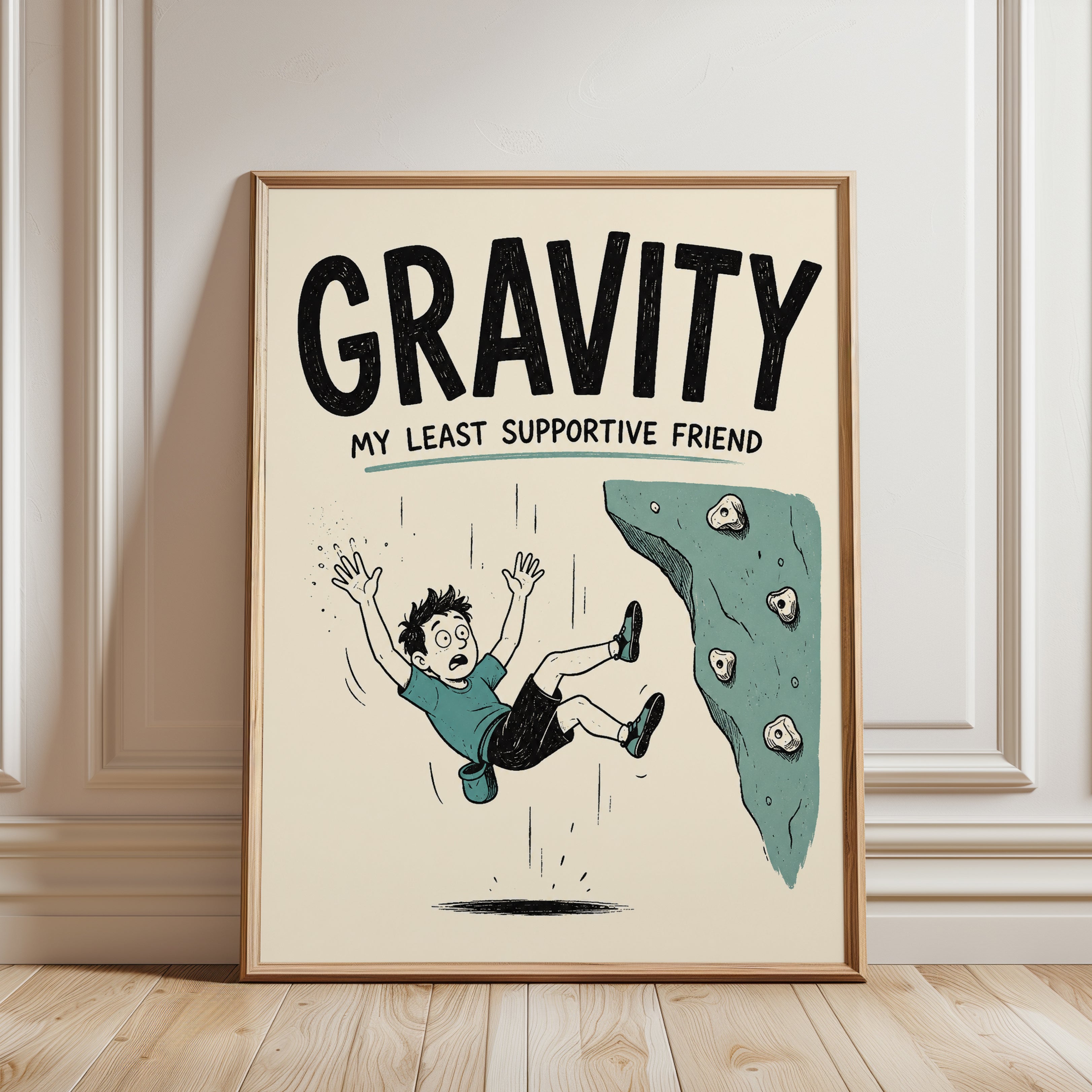 Gravity Humor Poster: Retro Rock Climbing Illustration - framed detail