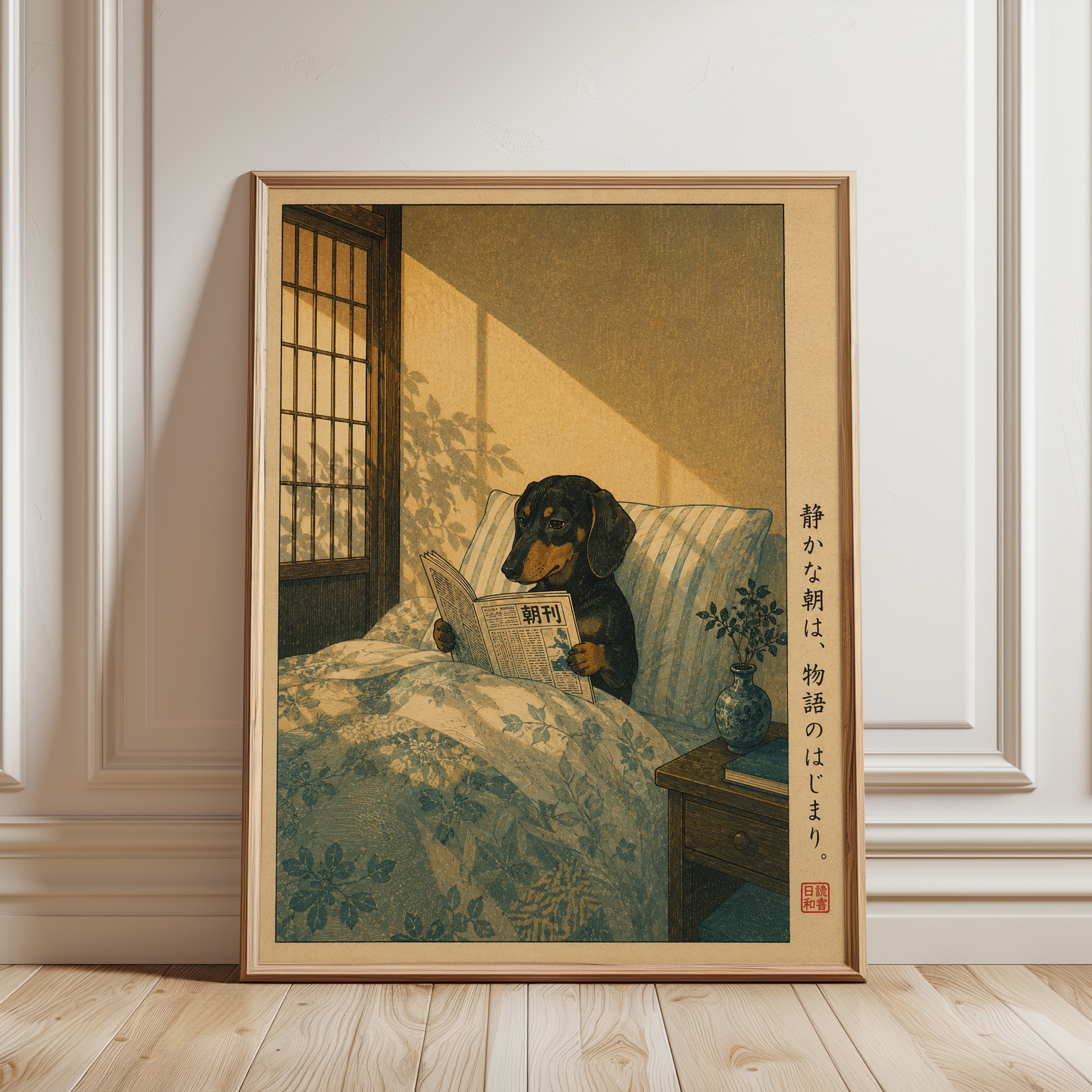 Japanese Dog Reading Art – Dachshund Wall Print - framed detail