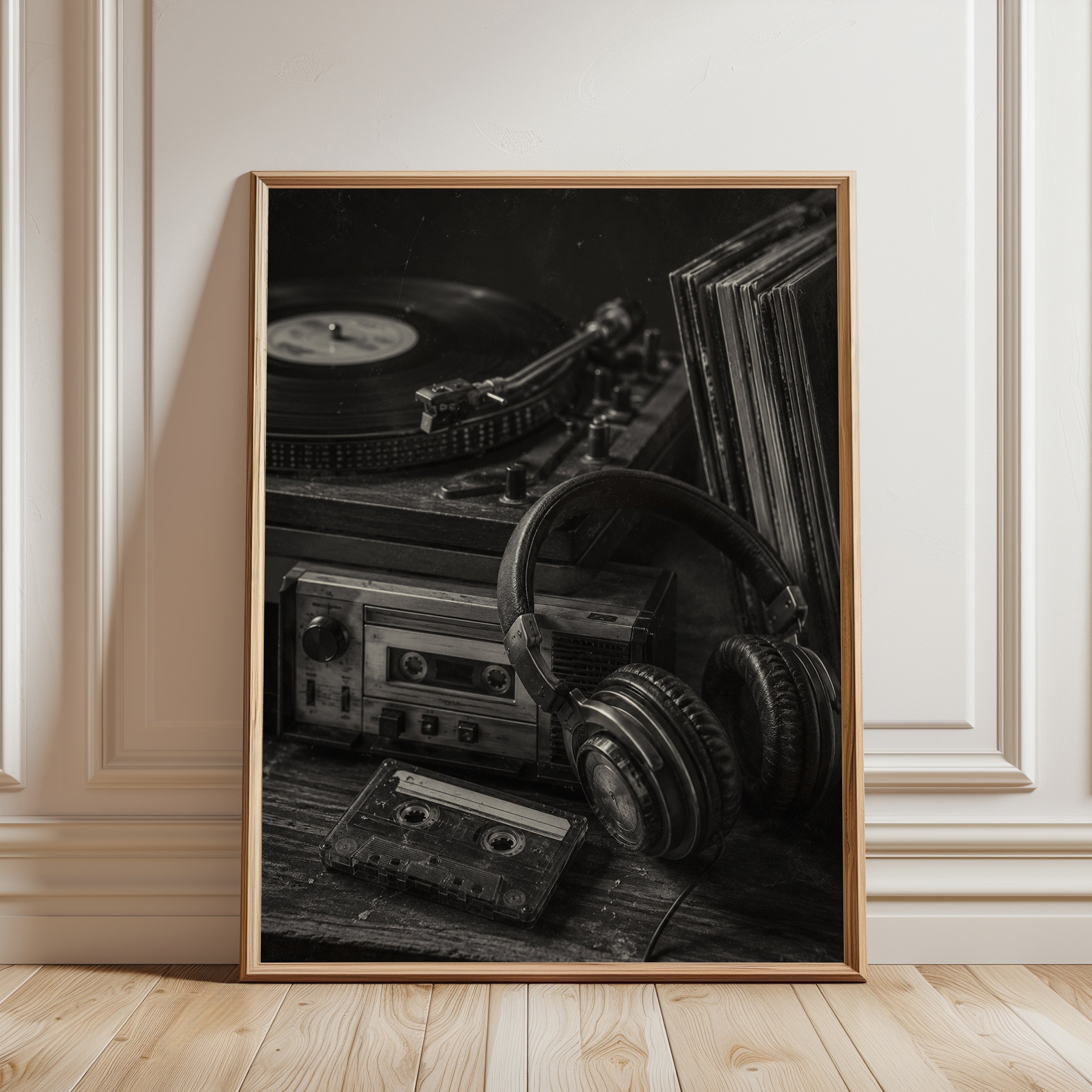 Vintage Music Studio Wall Art: Black and White Vinyl and Cassette - framed detail
