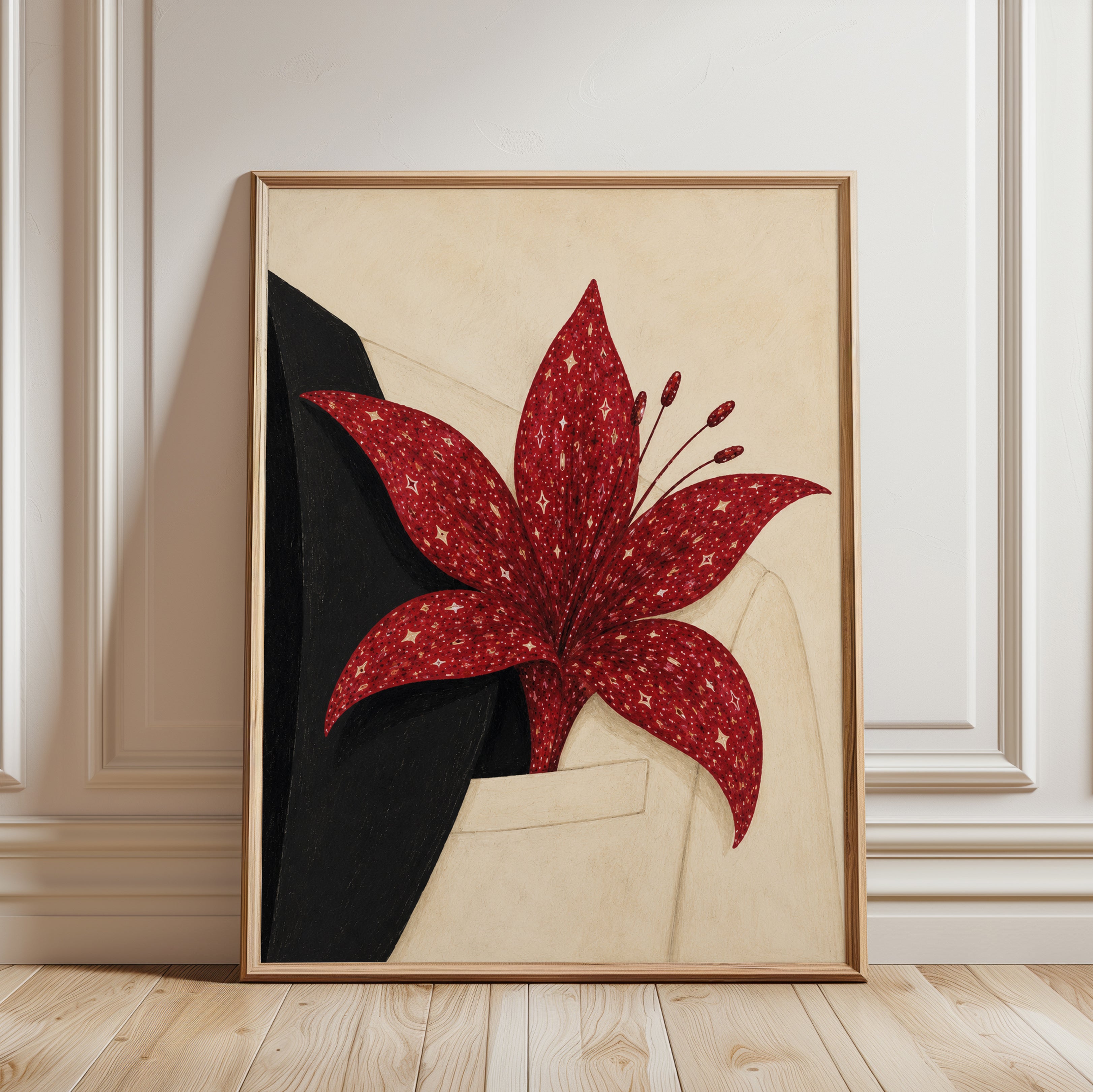 Red Lily Flower Art Print: Geometric Botanical Design - framed detail