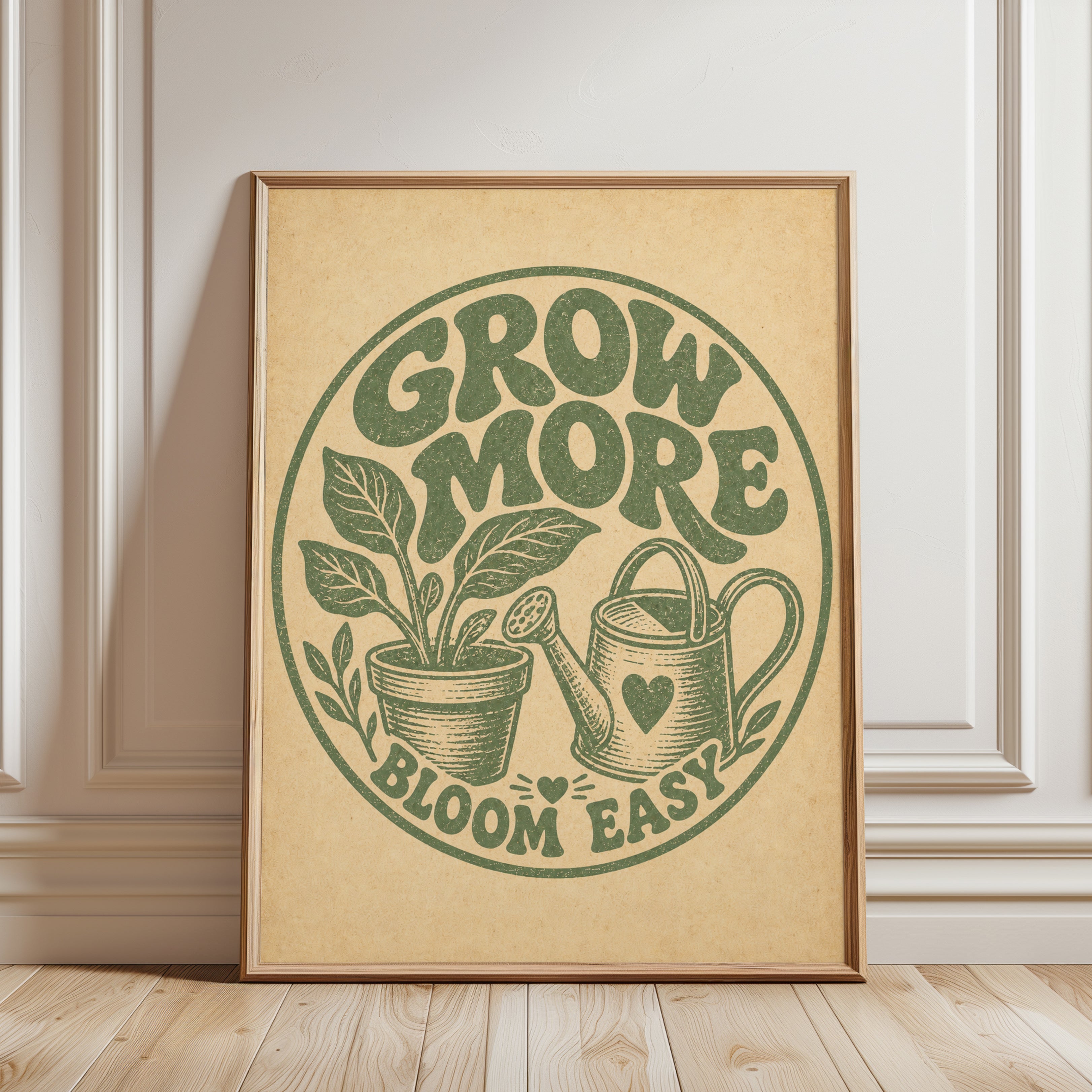 Grow More Bloom Easy Print: Vintage Green Gardening Poster - framed detail