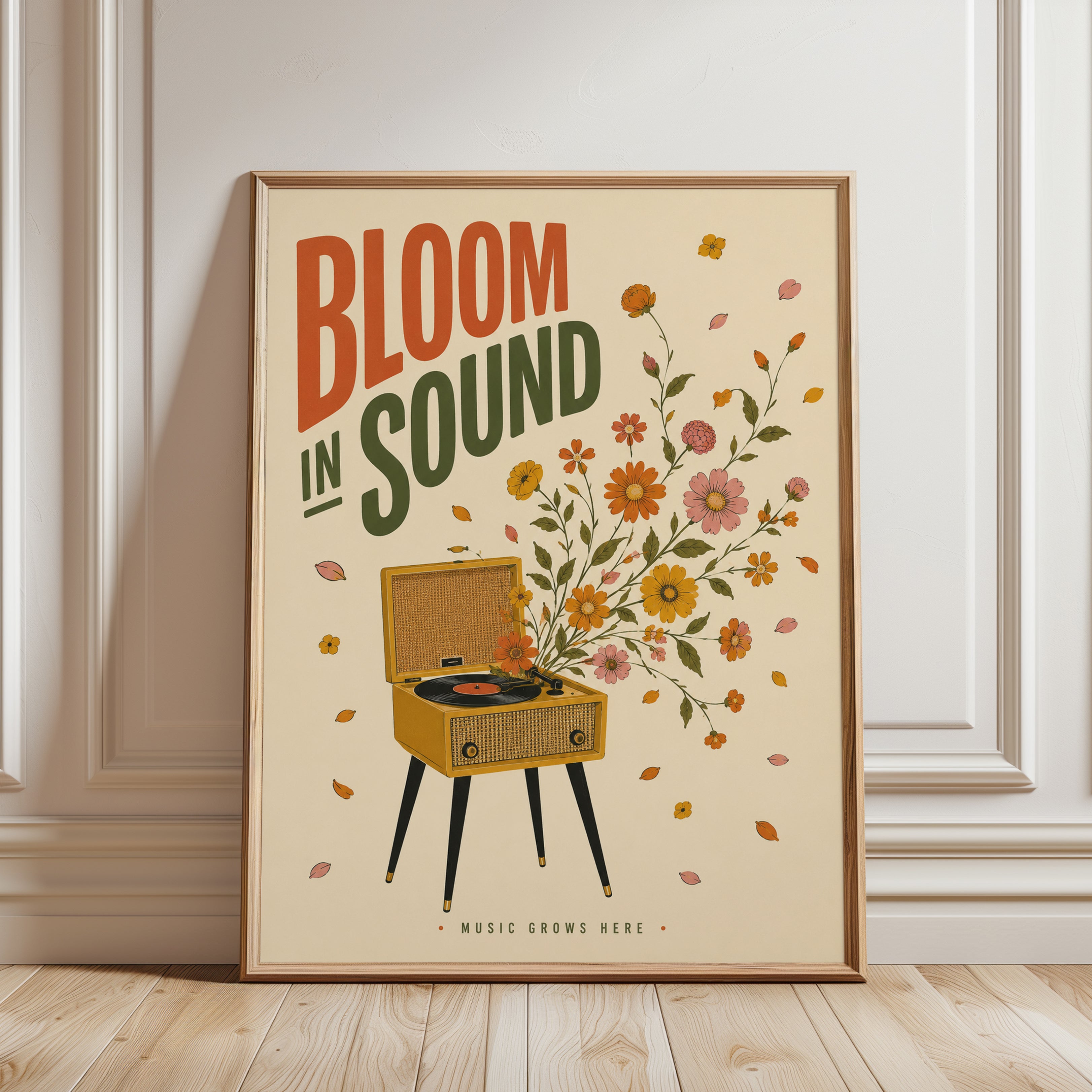 Vintage Record Player with Autumn Florals: Retro Music Poster - framed detail