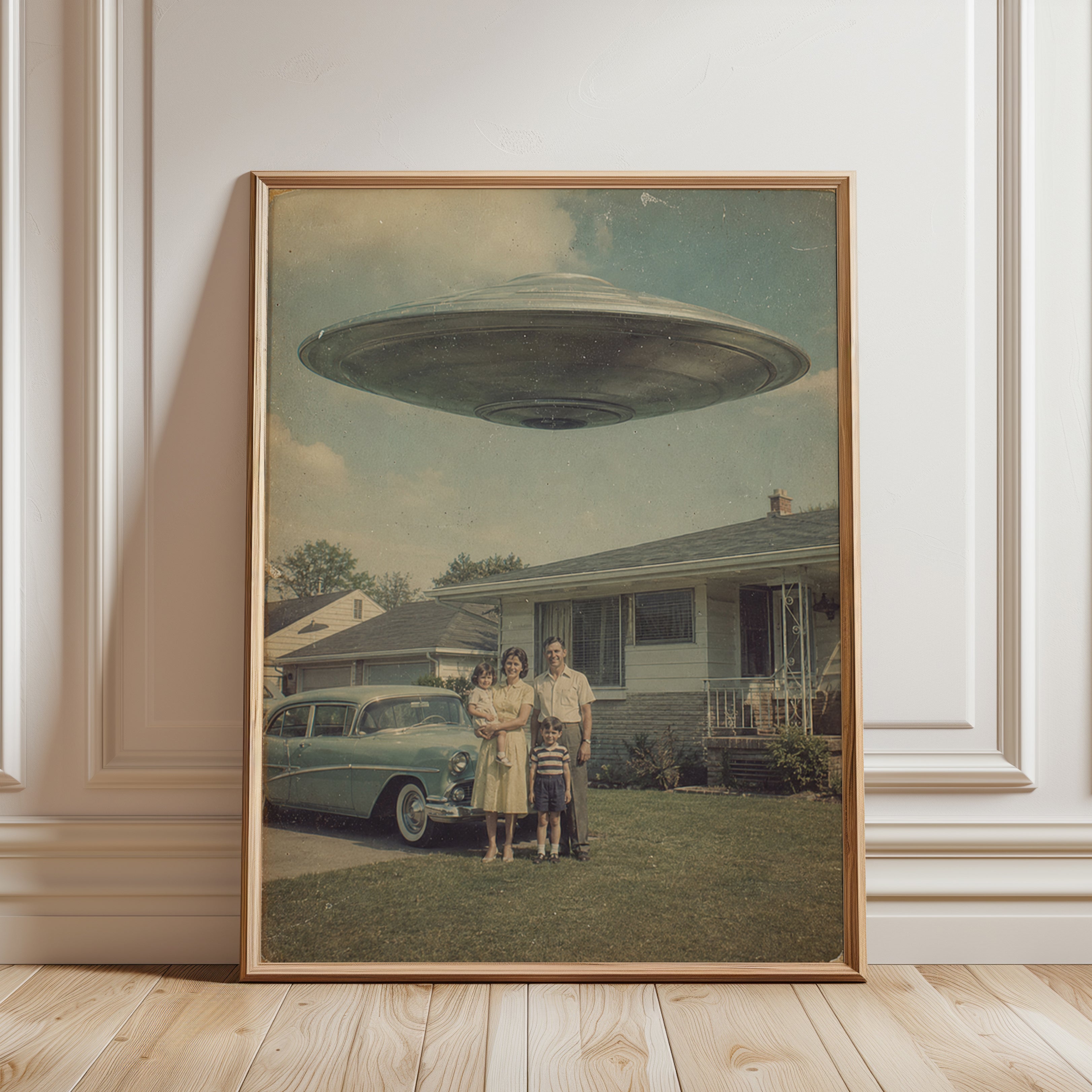 Vintage UFO Family Photo Print — Retro Flying Saucer Sci-Fi Art - framed detail
