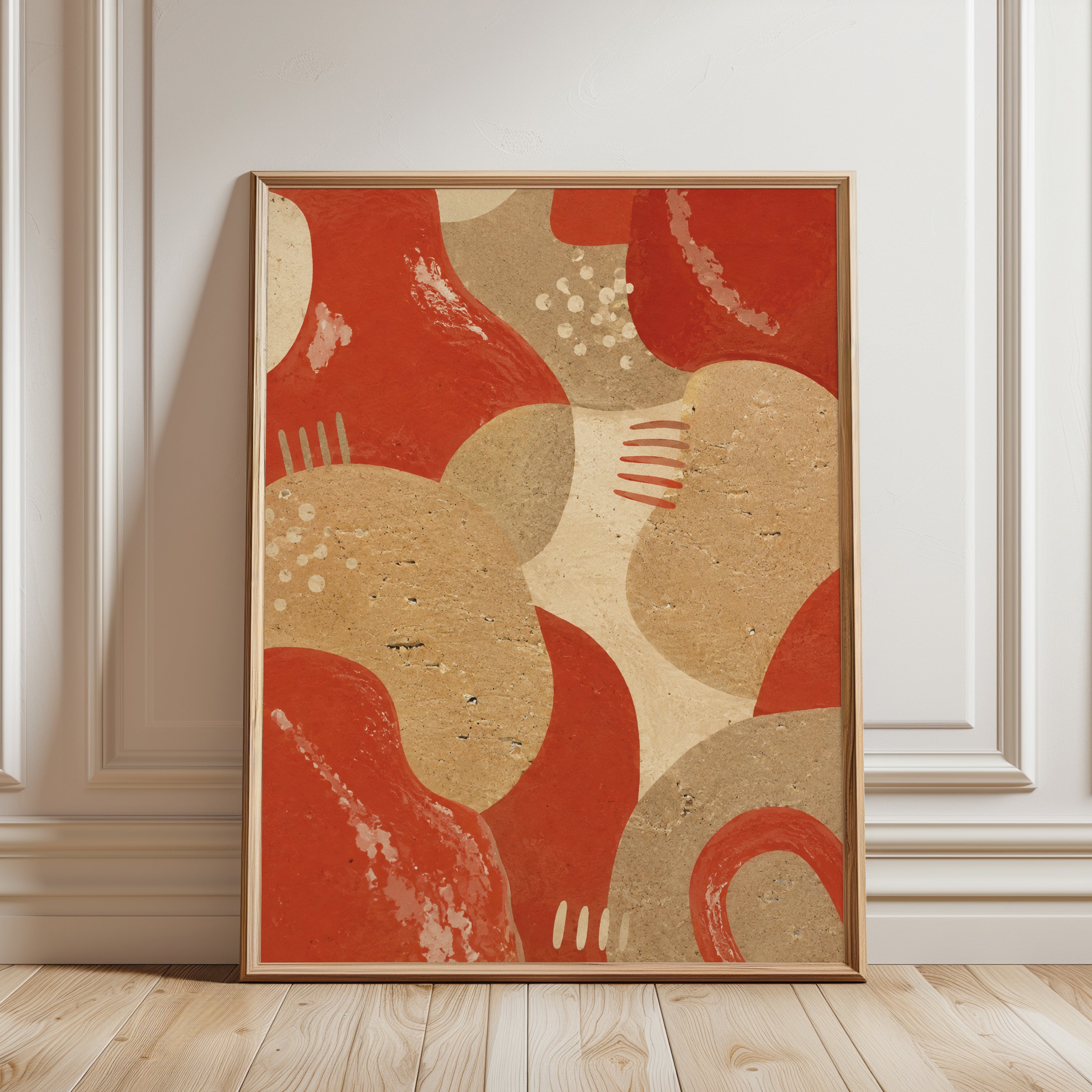 Abstract Organic Shapes Art Print: Red and Beige Mid-Century - framed detail