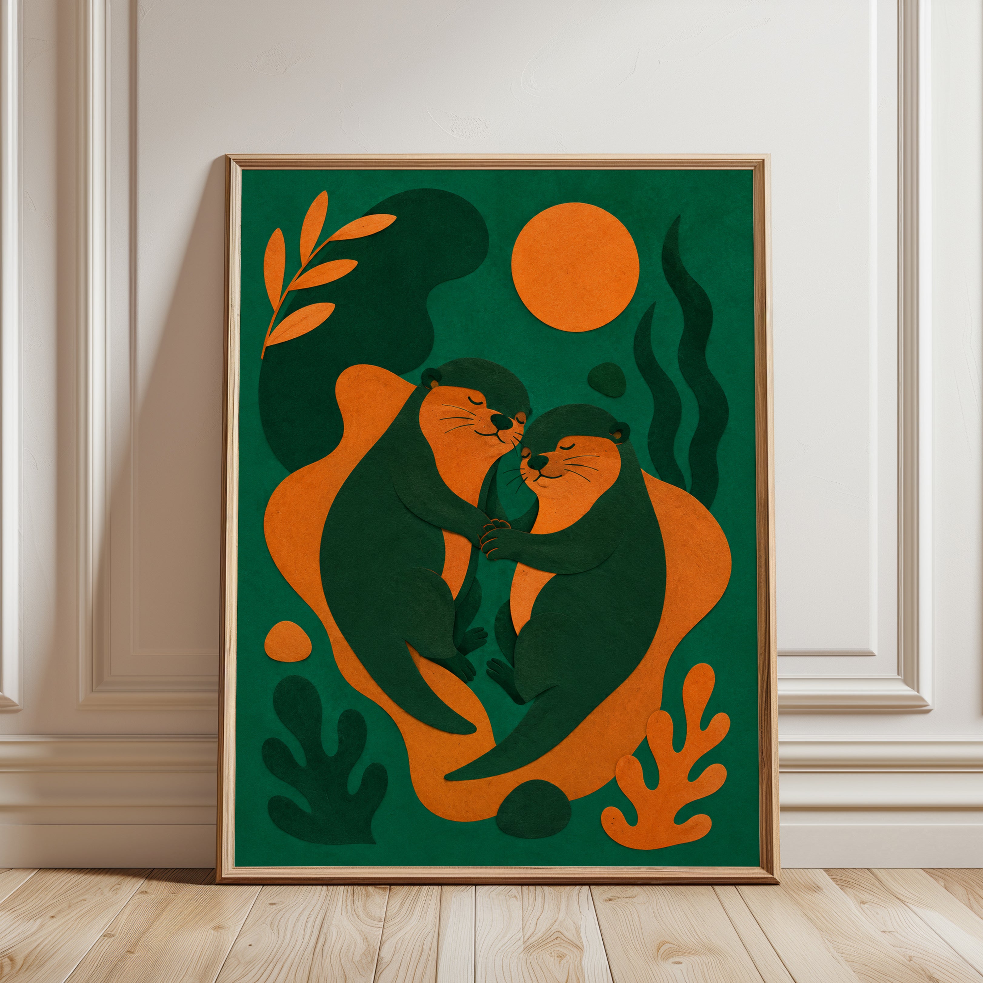 Otter Couple Art Print: Minimalist Green and Orange Wildlife - framed detail