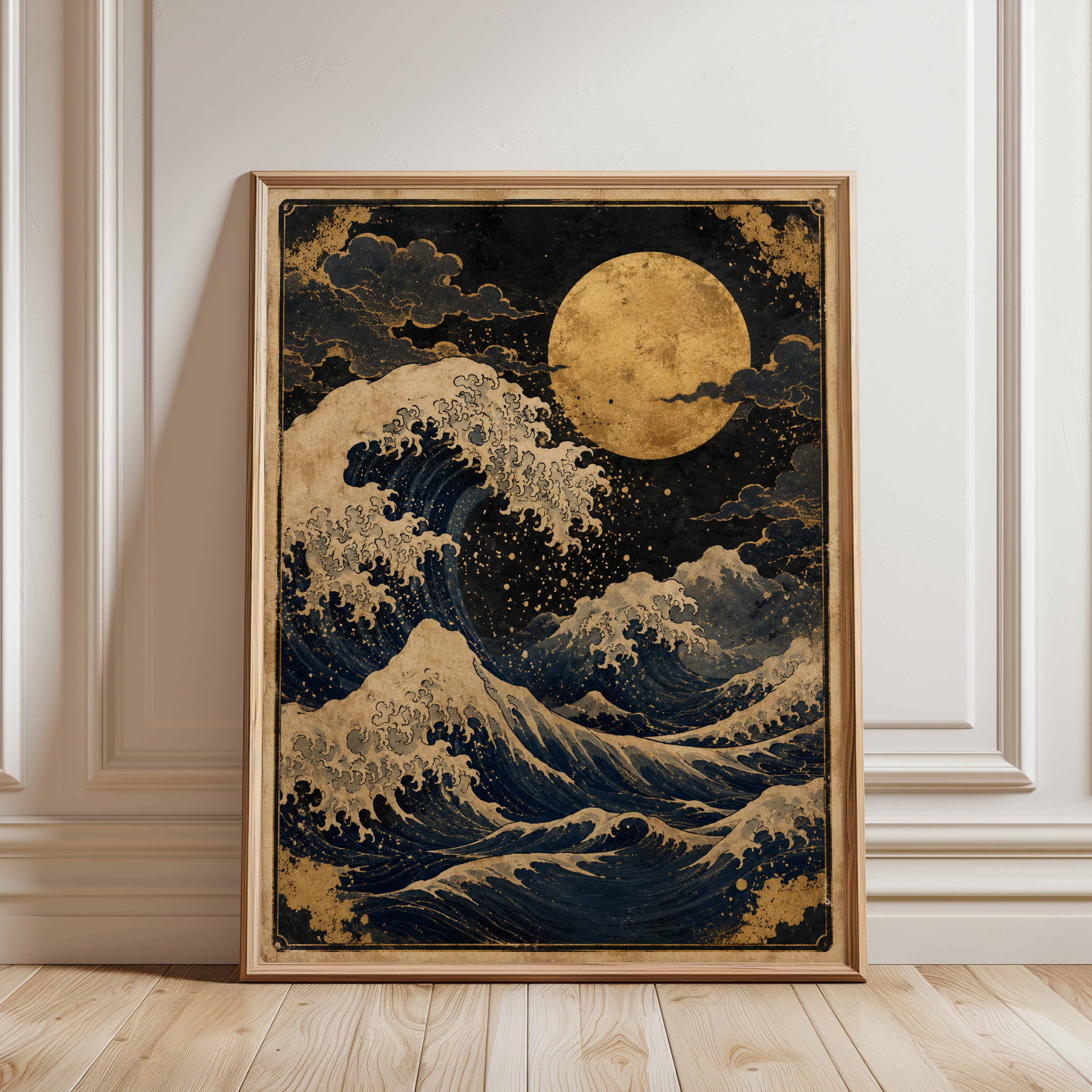 Japanese Wave Art Print: Gold & Navy Ocean Under Full Moon - framed detail