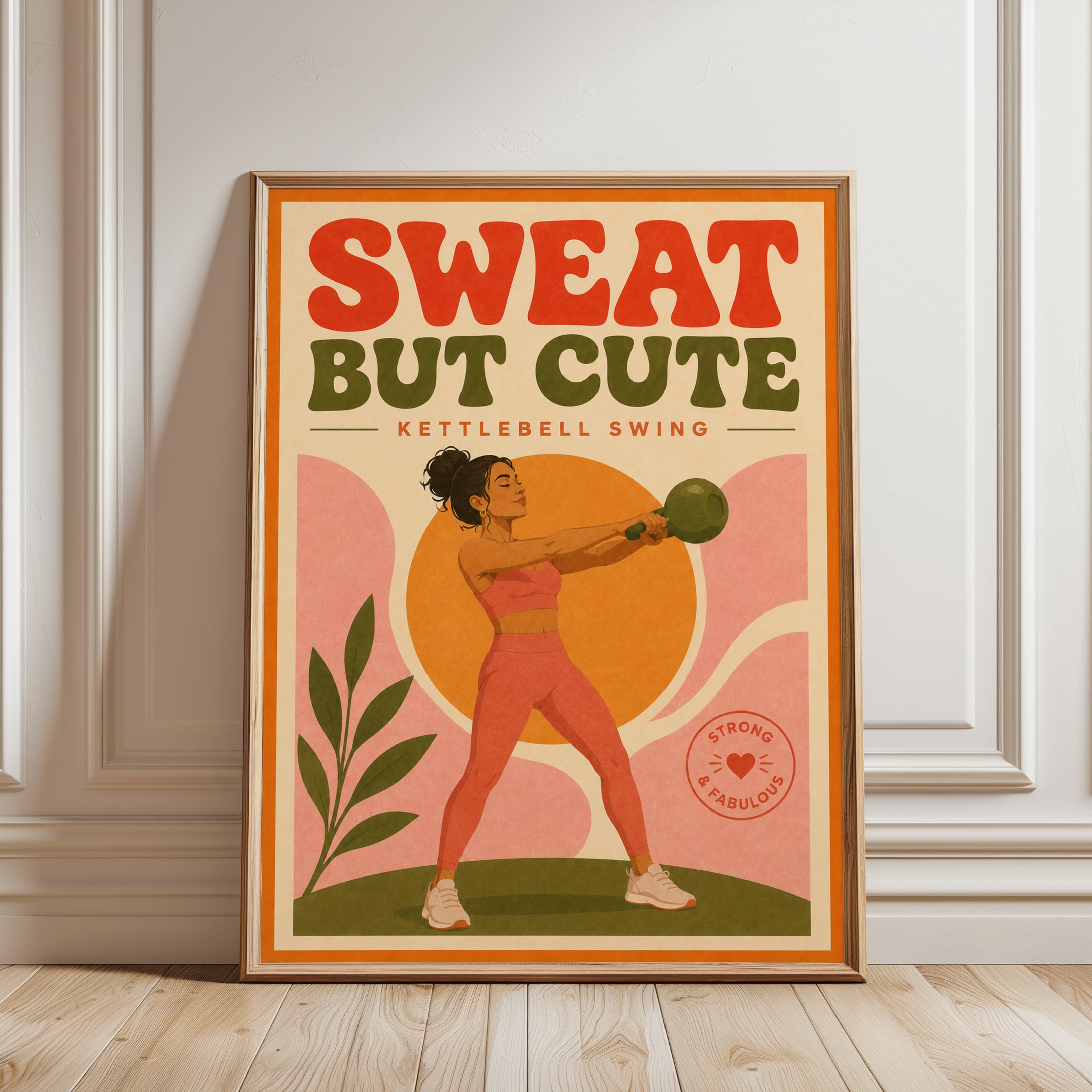 Retro Kettlebell Fitness Poster: Mid-Century Workout Wall Art - framed detail