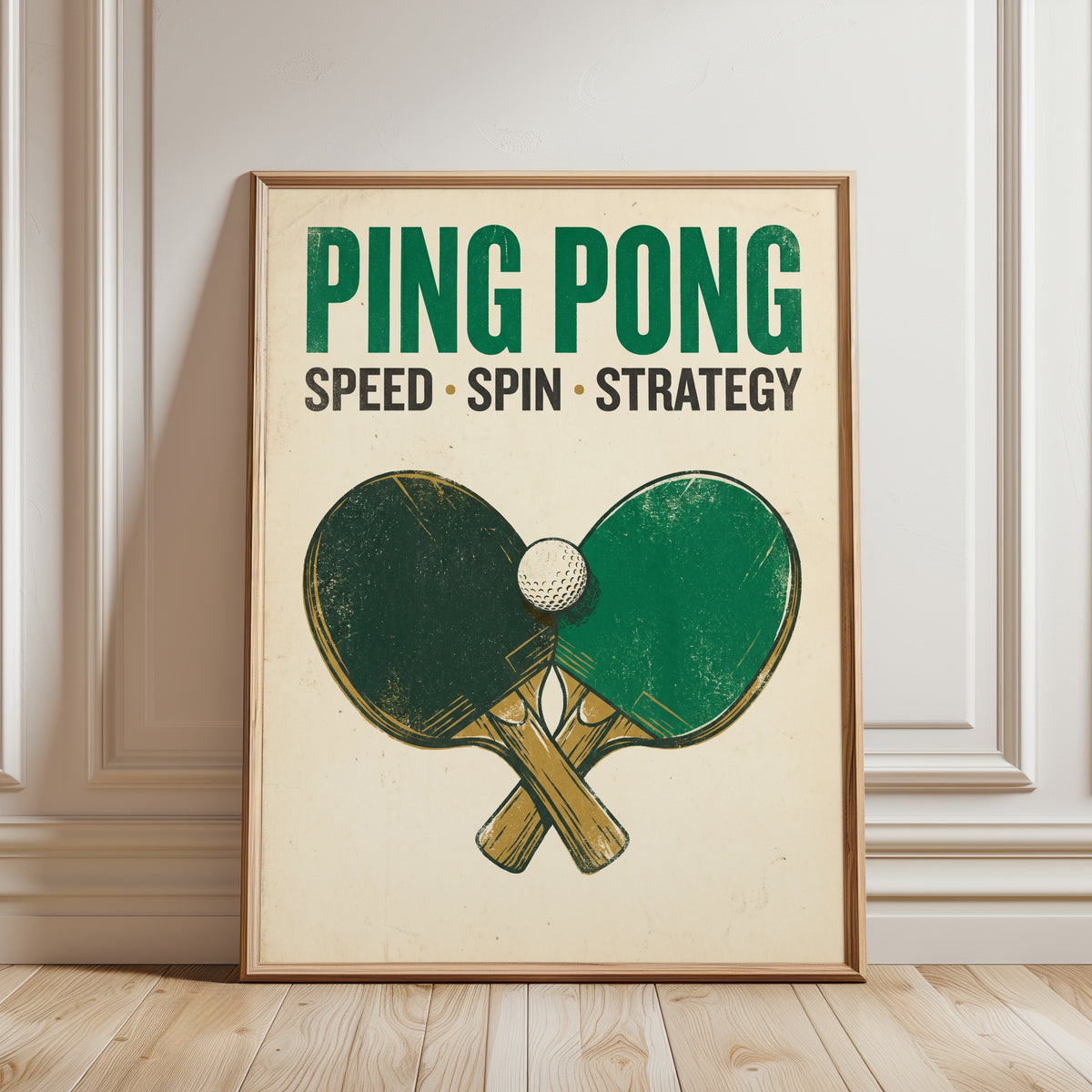 Ping Pong Vintage Poster: Retro Green Sports Wall Art - framed detail