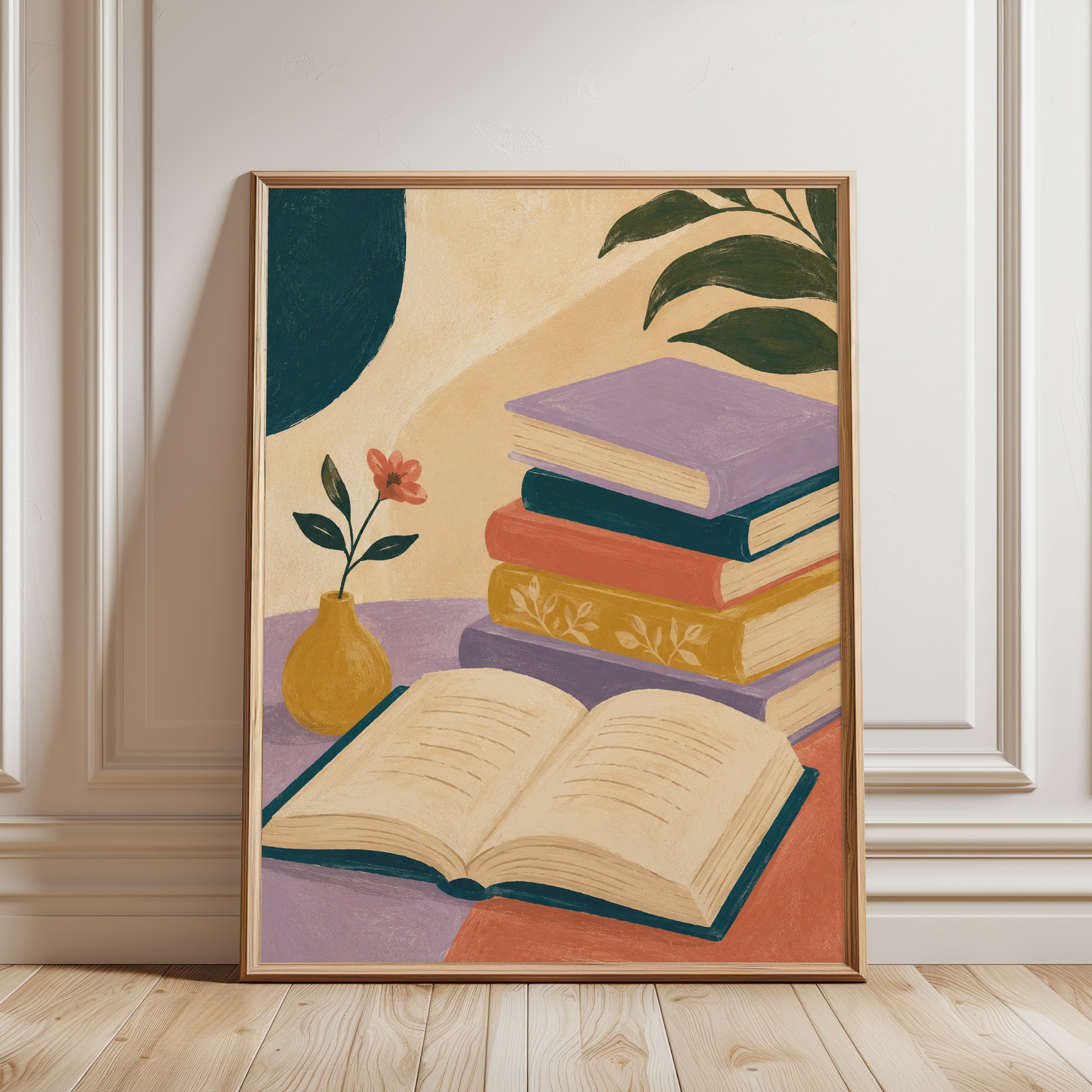 Cozy Book Stack Print – Colorful Books - framed detail